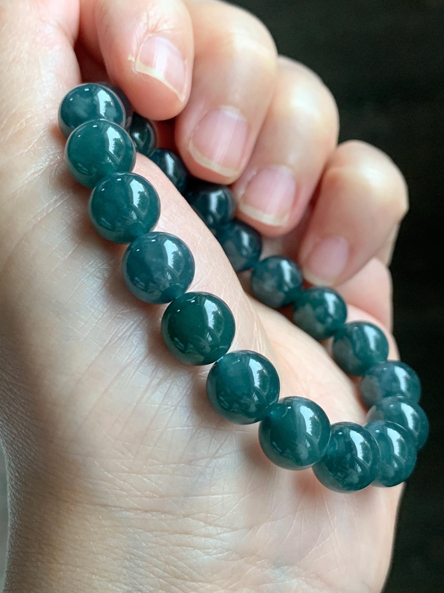 Natural Grade A Guatemalan Icy Translucent Dark Teal Blue Jade Jadeite Beaded Bracelet Stretchy 9.9mm 6.75” 34g 天然冰危深蓝绿翡翠圆珠手串 WSHB150