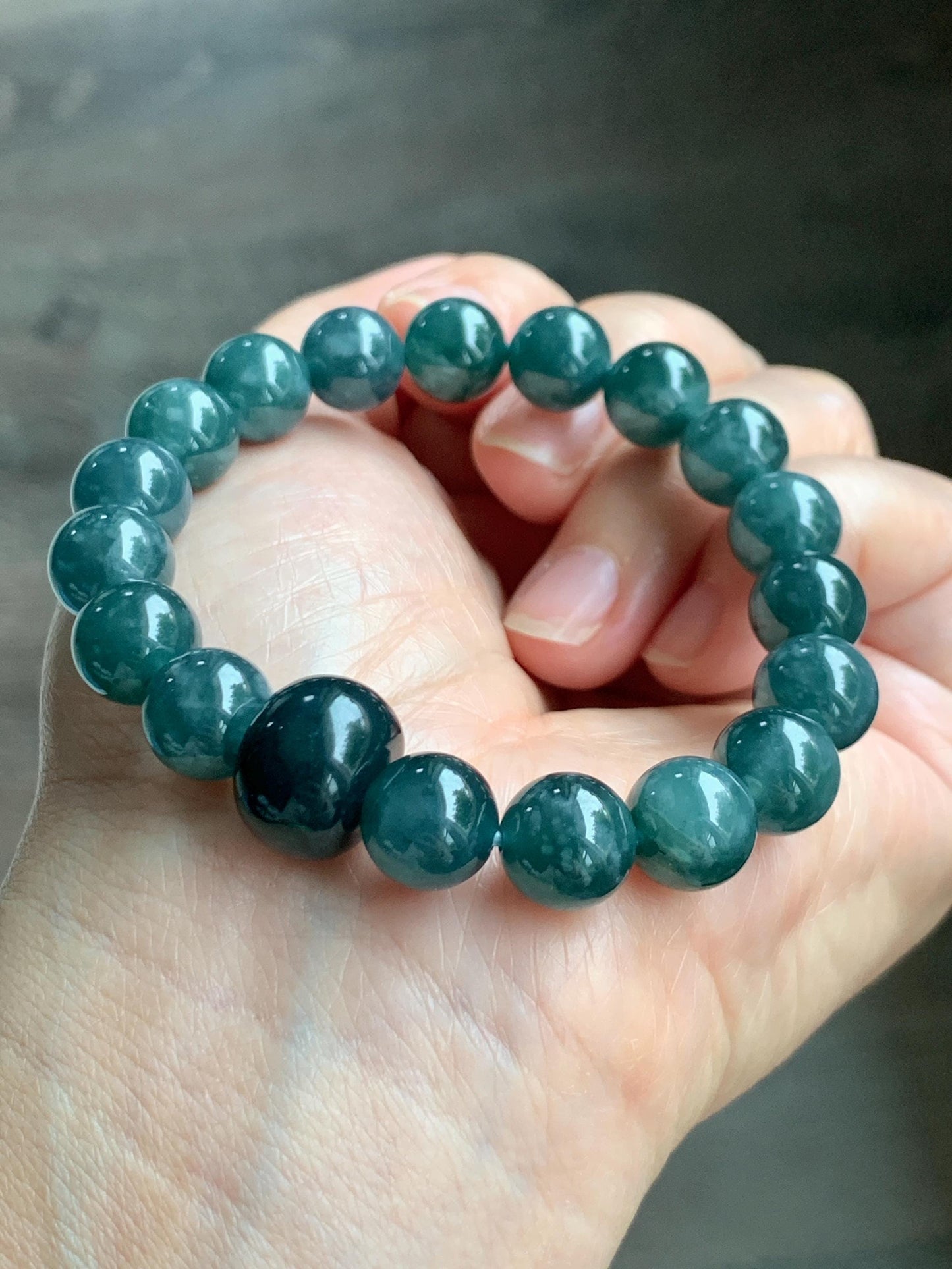 Natural Grade A Guatemalan Icy Translucent Dark Teal Blue Jade Jadeite Beaded Bracelet Stretchy 9.9mm 6.75” 34g 天然冰危深蓝绿翡翠圆珠手串 WSHB150