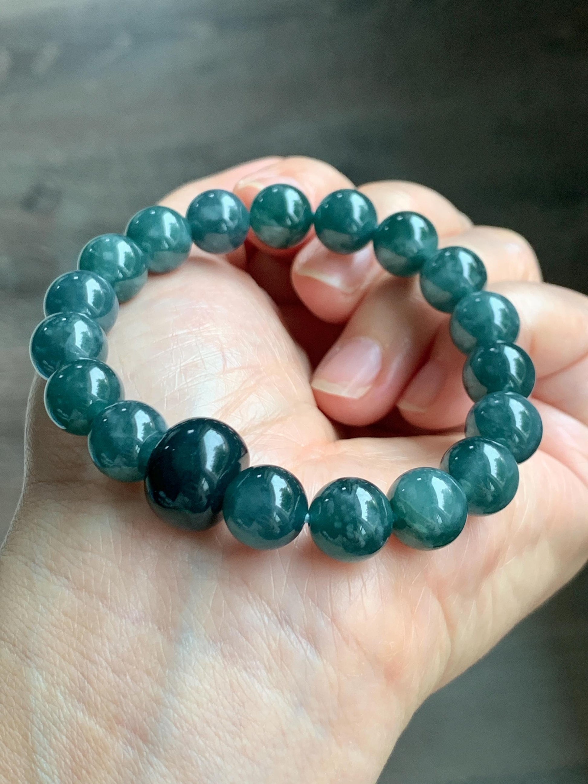 Natural Grade A Guatemalan Icy Translucent Dark Teal Blue Jade Jadeite Beaded Bracelet Stretchy 9.9mm 6.75” 34g 天然冰危深蓝绿翡翠圆珠手串 WSHB150