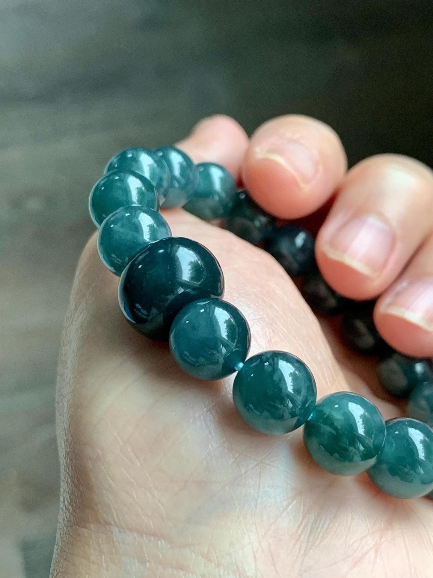 Natural Grade A Guatemalan Icy Translucent Dark Teal Blue Jade Jadeite Beaded Bracelet Stretchy 9.9mm 6.75” 34g 天然冰危深蓝绿翡翠圆珠手串 WSHB150