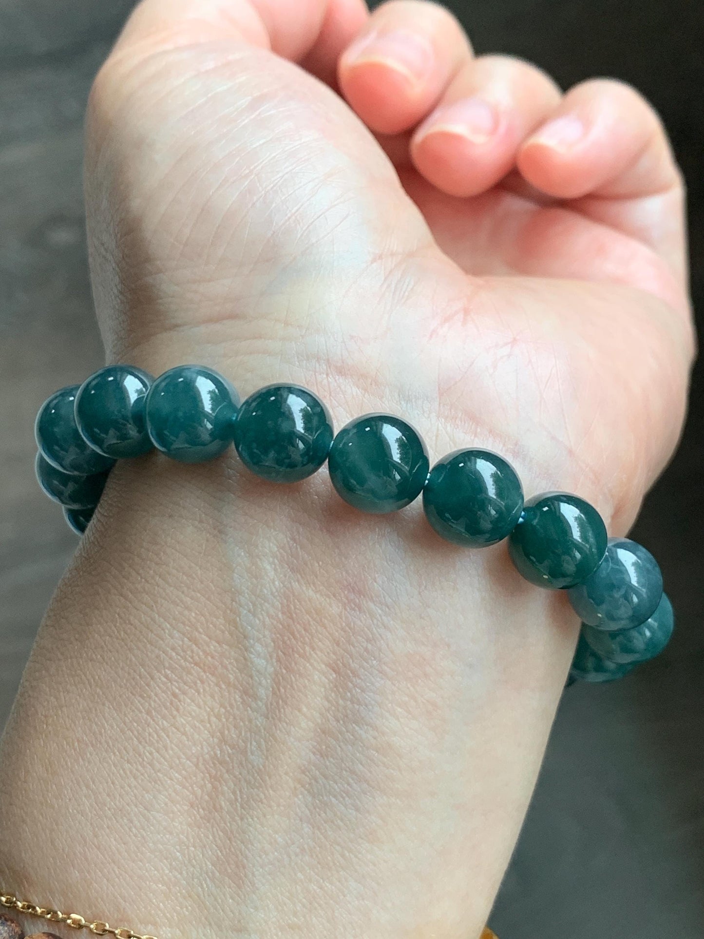 Natural Grade A Guatemalan Icy Translucent Dark Teal Blue Jade Jadeite Beaded Bracelet Stretchy 9.9mm 6.75” 34g 天然冰危深蓝绿翡翠圆珠手串 WSHB150