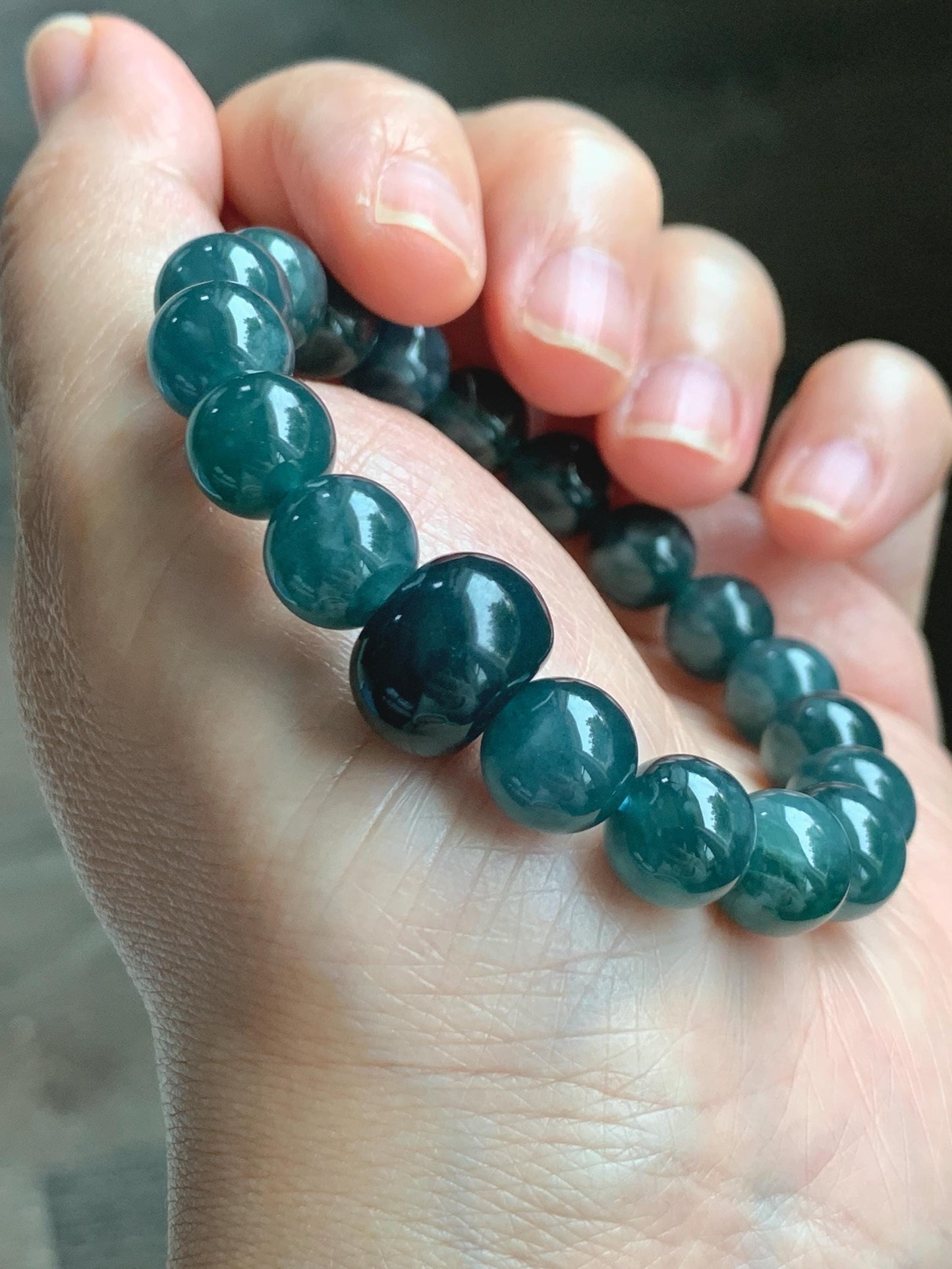 Natural Grade A Guatemalan Icy Translucent Dark Teal Blue Jade Jadeite Beaded Bracelet Stretchy 9.9mm 6.75” 34g 天然冰危深蓝绿翡翠圆珠手串 WSHB150