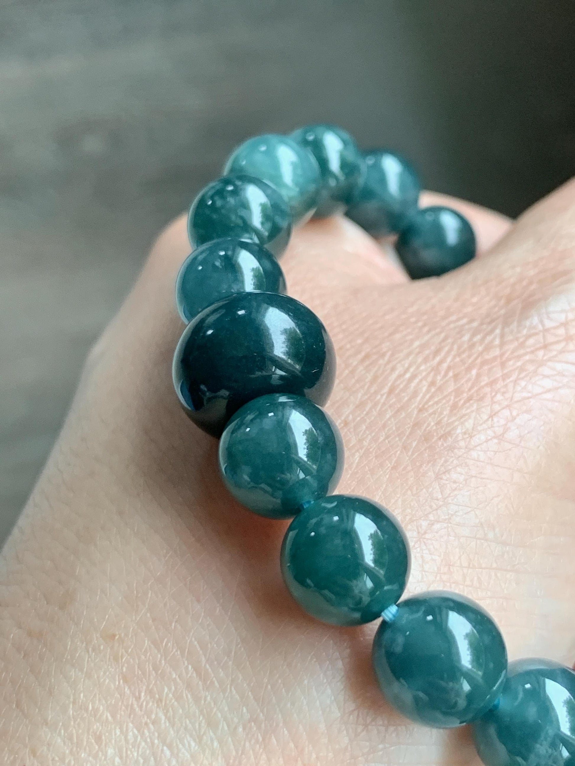 Natural Grade A Guatemalan Icy Translucent Dark Teal Blue Jade Jadeite Beaded Bracelet Stretchy 9.9mm 6.75” 34g 天然冰危深蓝绿翡翠圆珠手串 WSHB150