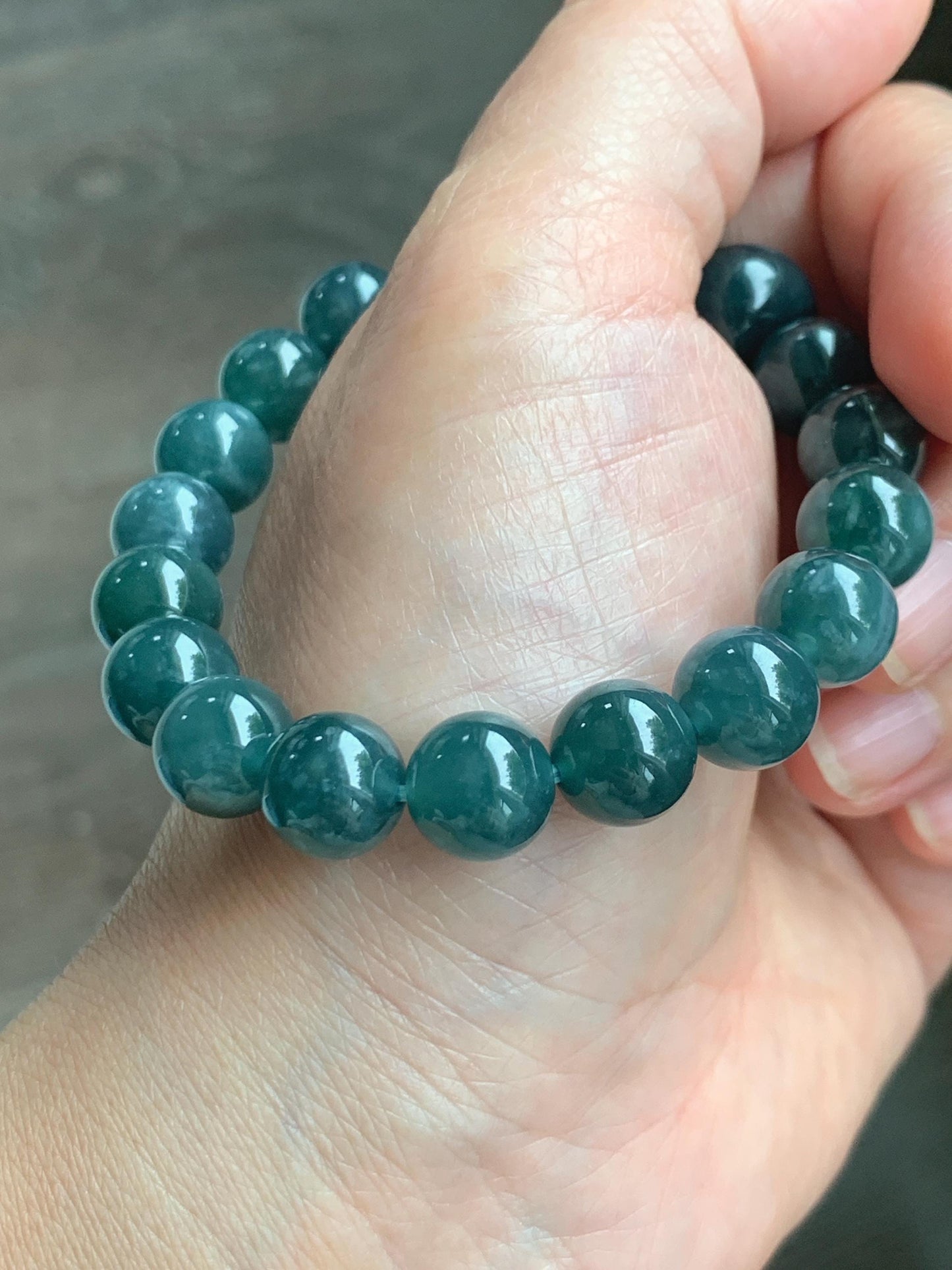 Natural Grade A Guatemalan Icy Translucent Dark Teal Blue Jade Jadeite Beaded Bracelet Stretchy 9.9mm 6.75” 34g 天然冰危深蓝绿翡翠圆珠手串 WSHB150