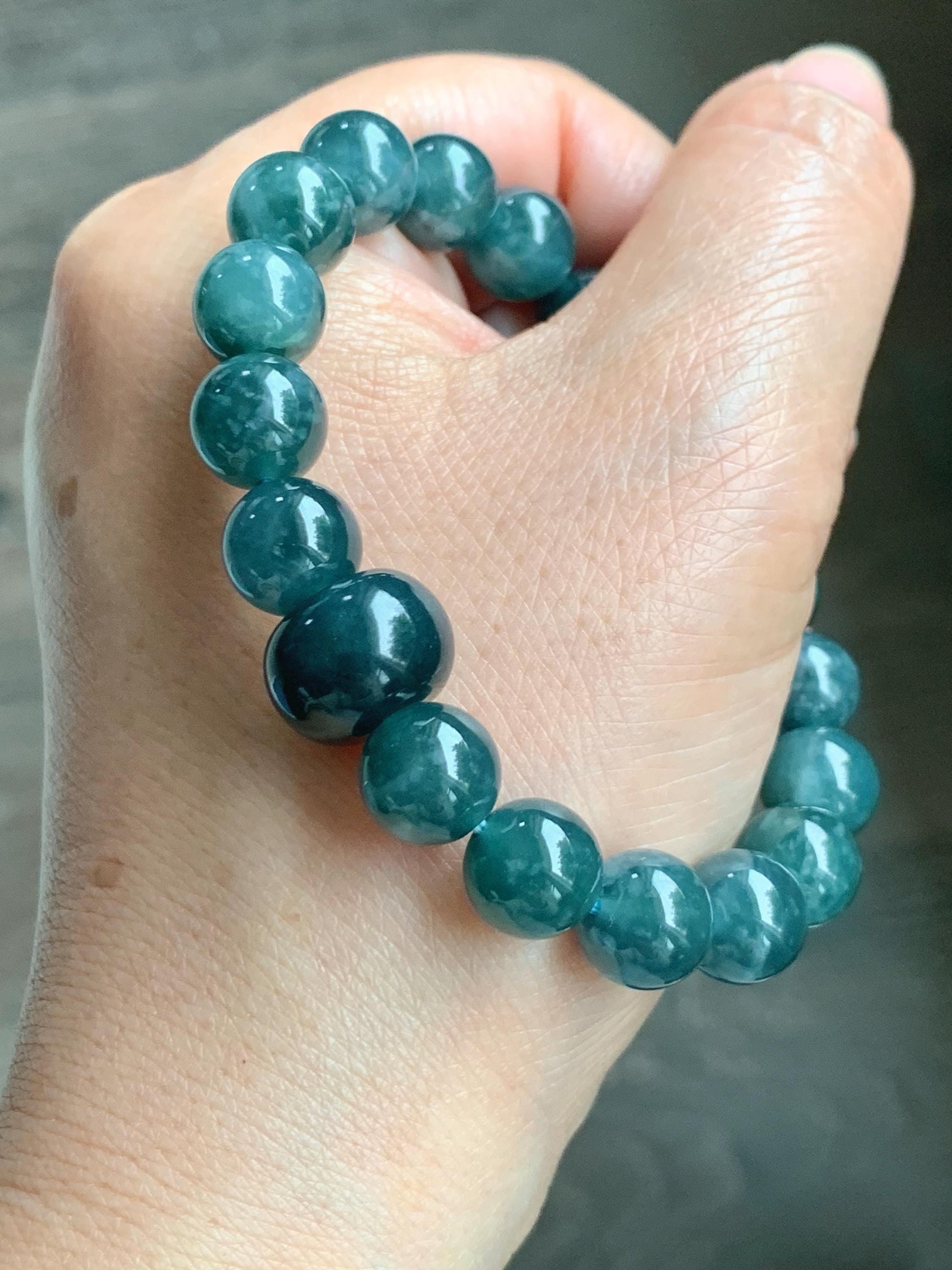 Natural Grade A Guatemalan Icy Translucent Dark Teal Blue Jade Jadeite Beaded Bracelet Stretchy 9.9mm 6.75” 34g 天然冰危深蓝绿翡翠圆珠手串 WSHB150