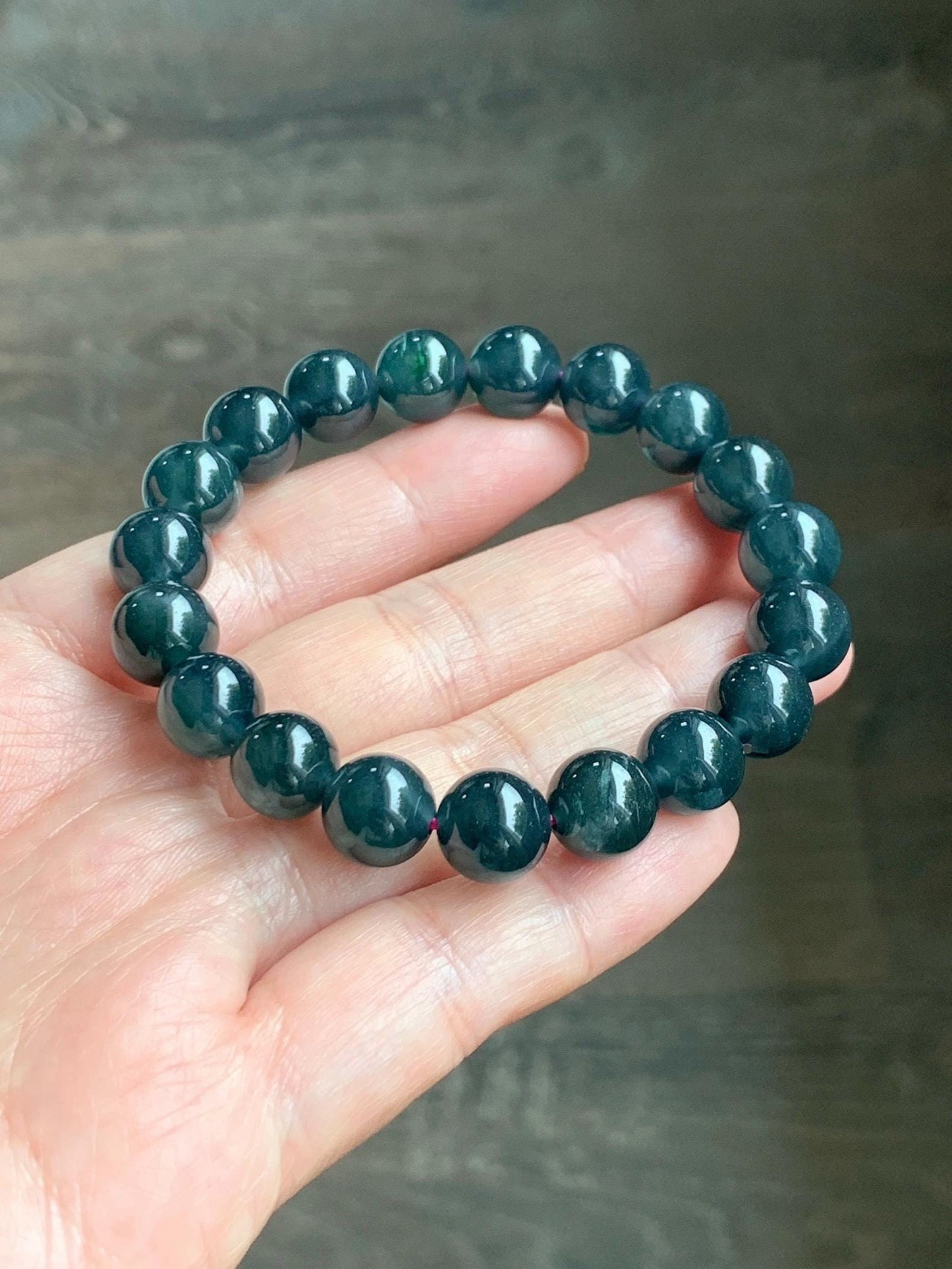 Natural Guatemalan Grade A Icy Translucent Dark Teal Blue Jade Jadeite Beaded Bracelet Stretchy 9.8mm 7” 31g 天然冰危深蓝绿翡翠圆珠手串 WSF275