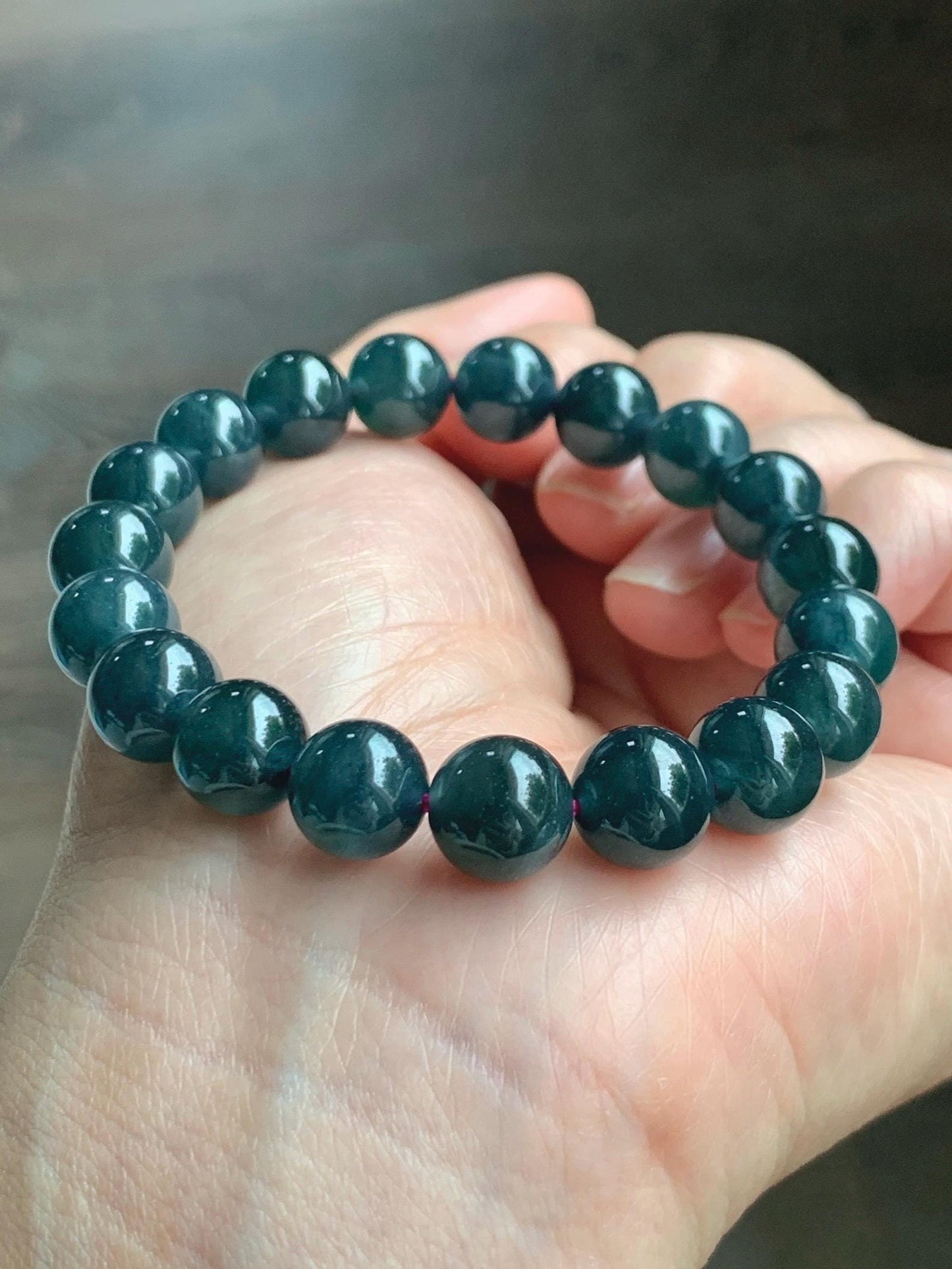 Natural Guatemalan Grade A Icy Translucent Dark Teal Blue Jade Jadeite Beaded Bracelet Stretchy 9.8mm 7” 31g 天然冰危深蓝绿翡翠圆珠手串 WSF275