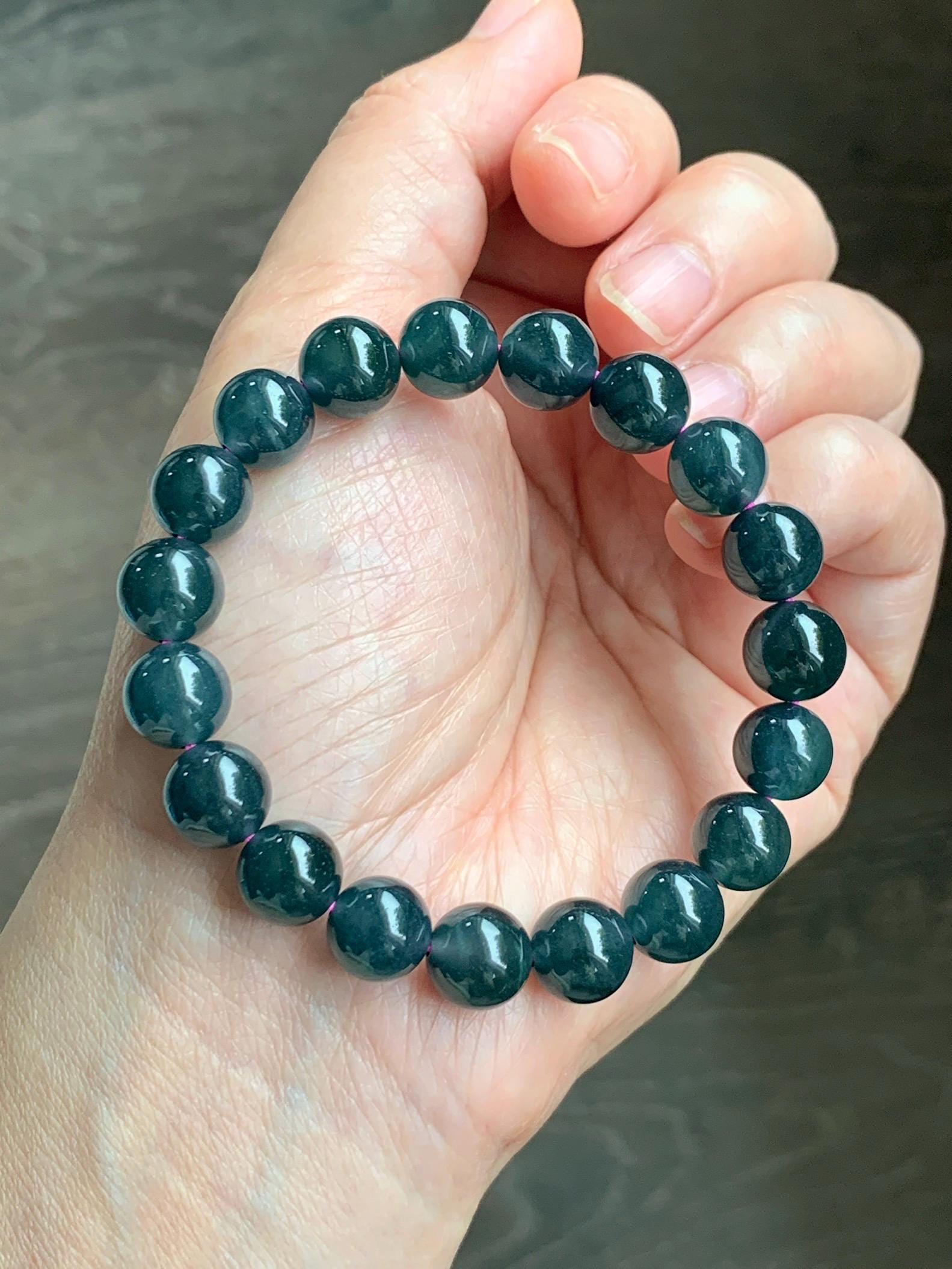 Natural Guatemalan Grade A Icy Translucent Dark Teal Blue Jade Jadeite Beaded Bracelet Stretchy 9.8mm 7” 31g 天然冰危深蓝绿翡翠圆珠手串 WSF275