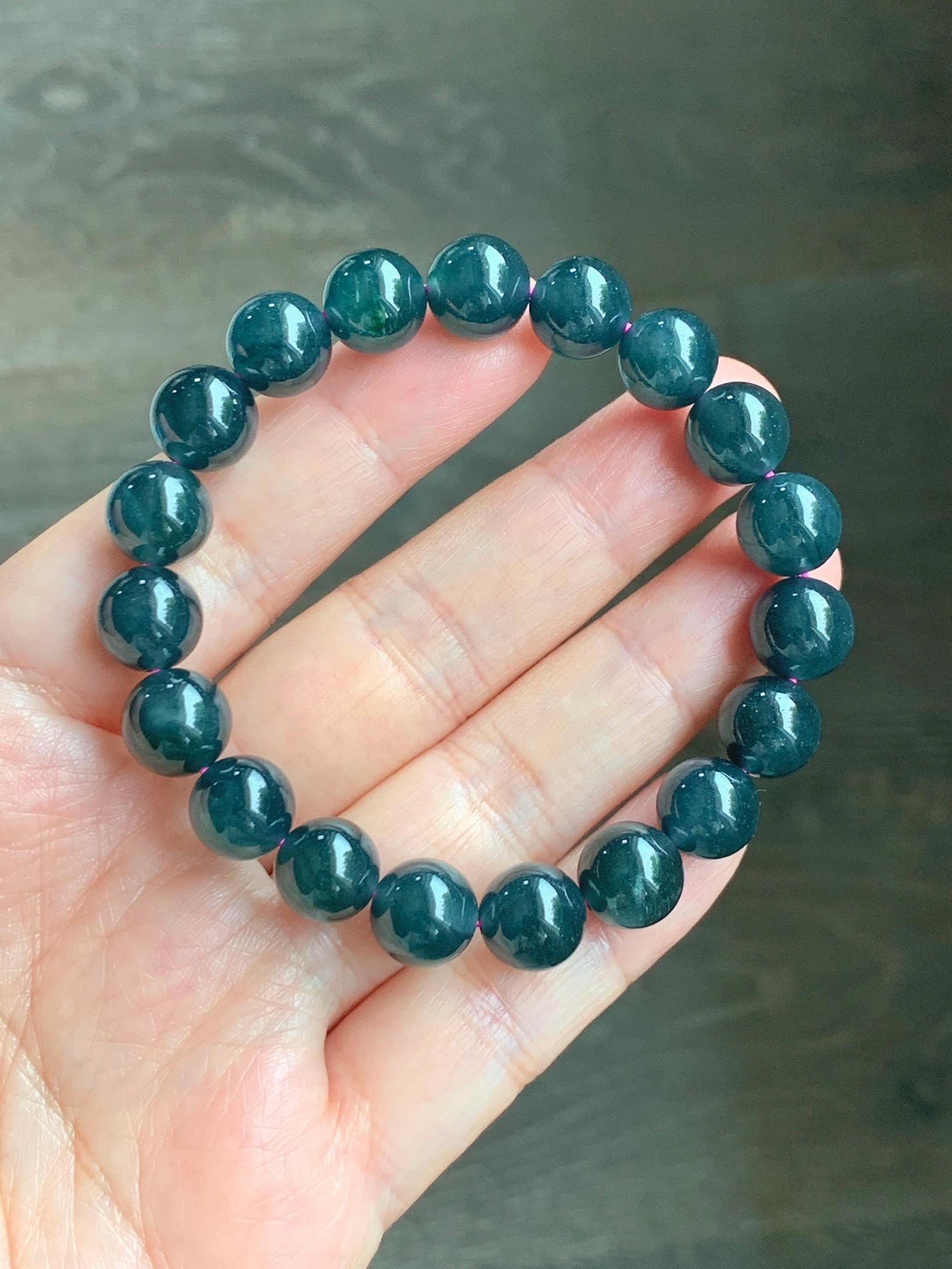 Natural Guatemalan Grade A Icy Translucent Dark Teal Blue Jade Jadeite Beaded Bracelet Stretchy 9.8mm 7” 31g 天然冰危深蓝绿翡翠圆珠手串 WSF275
