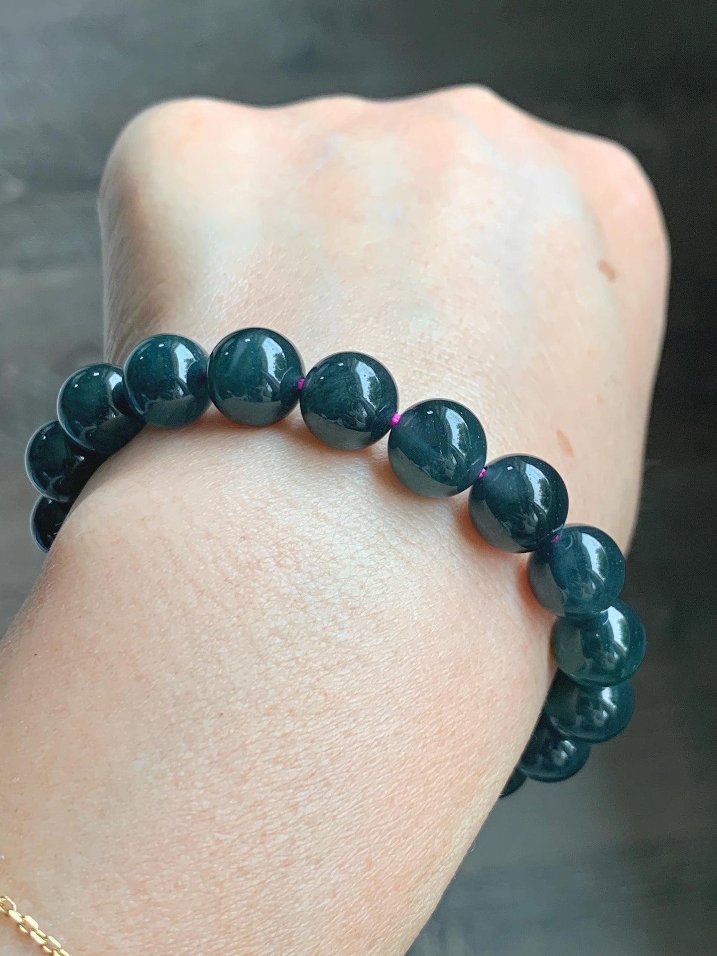 Natural Guatemalan Grade A Icy Translucent Dark Teal Blue Jade Jadeite Beaded Bracelet Stretchy 9.8mm 7” 31g 天然冰危深蓝绿翡翠圆珠手串 WSF275