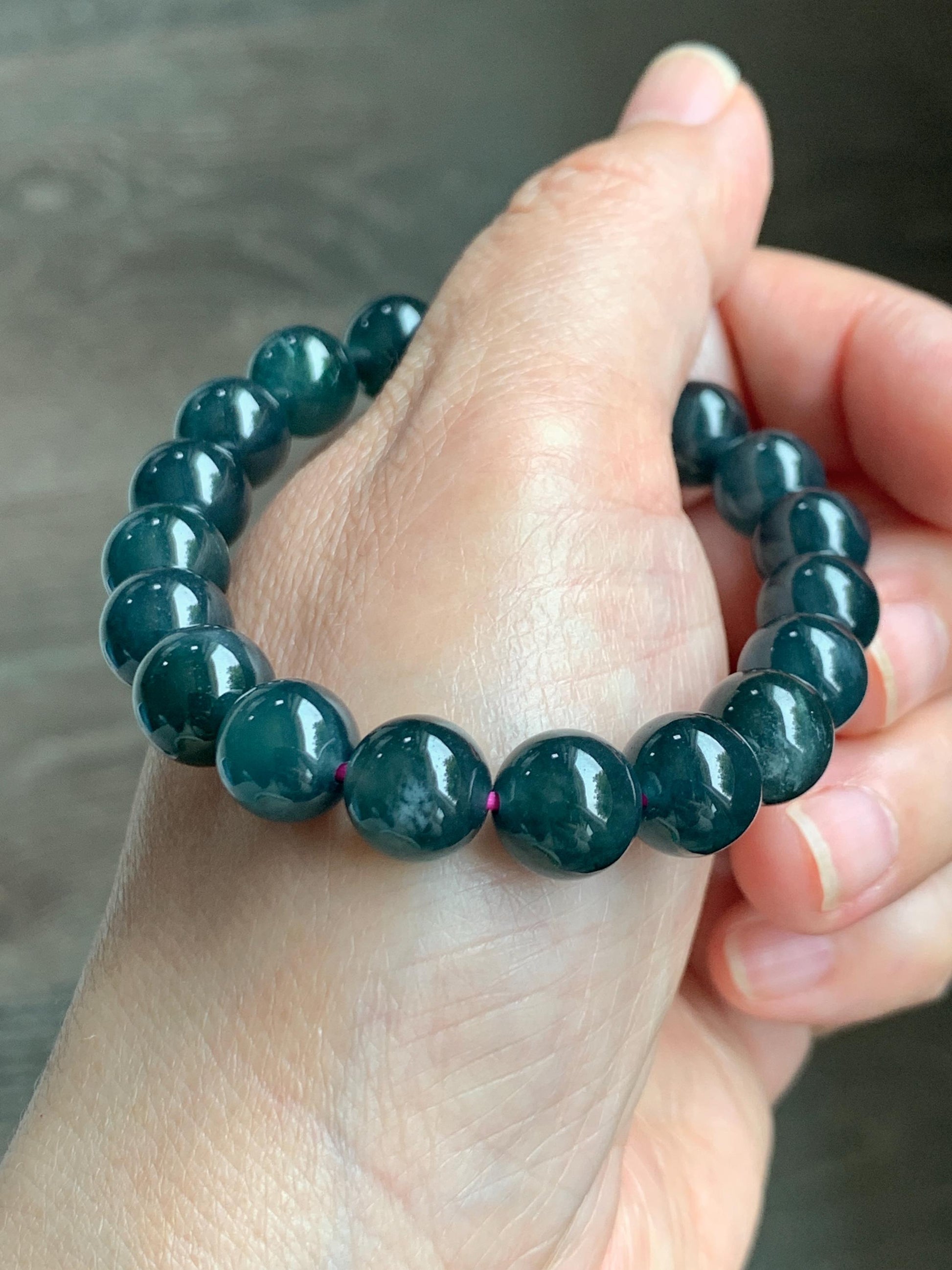 Natural Guatemalan Grade A Icy Translucent Dark Teal Blue Jade Jadeite Beaded Bracelet Stretchy 9.8mm 7” 31g 天然冰危深蓝绿翡翠圆珠手串 WSF275