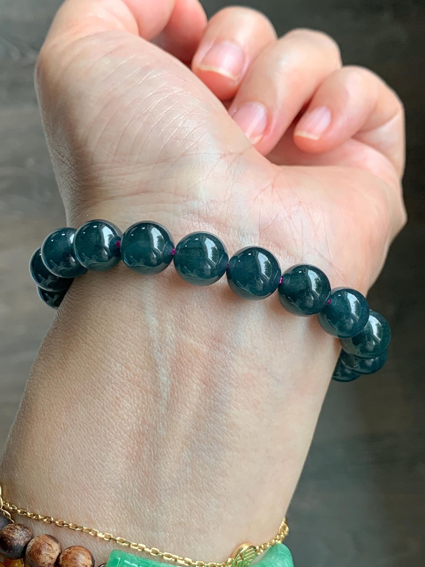 Natural Guatemalan Grade A Icy Translucent Dark Teal Blue Jade Jadeite Beaded Bracelet Stretchy 9.8mm 7” 31g 天然冰危深蓝绿翡翠圆珠手串 WSF275