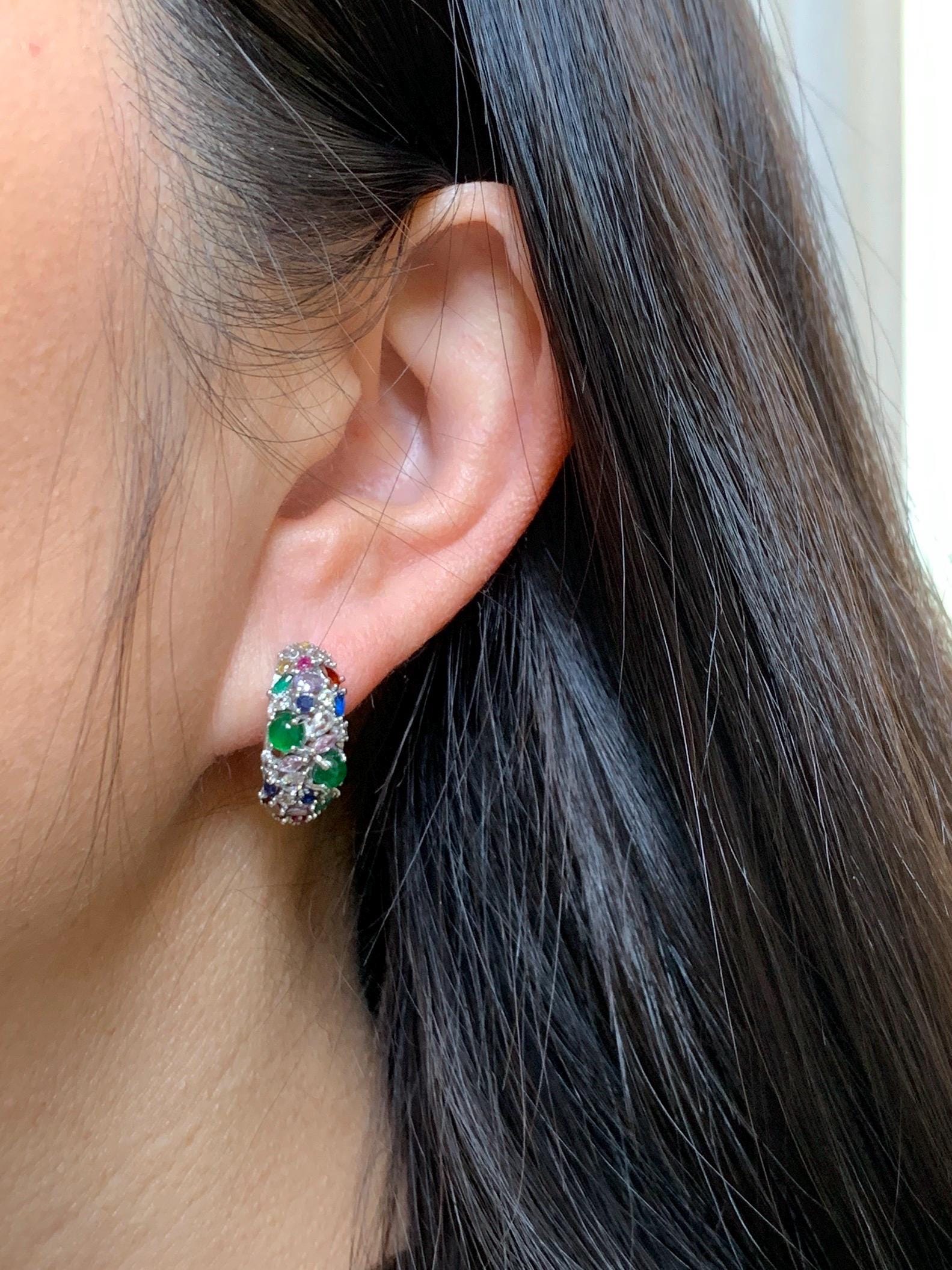 Natural Guatemalan Grade A Icy Highly Translucent Vibrant Green Jade Jadeite Hoop Huggie Earrings Sterling Silver 天然冰危绿起光翡翠多宝银镶耳包 WFH220
