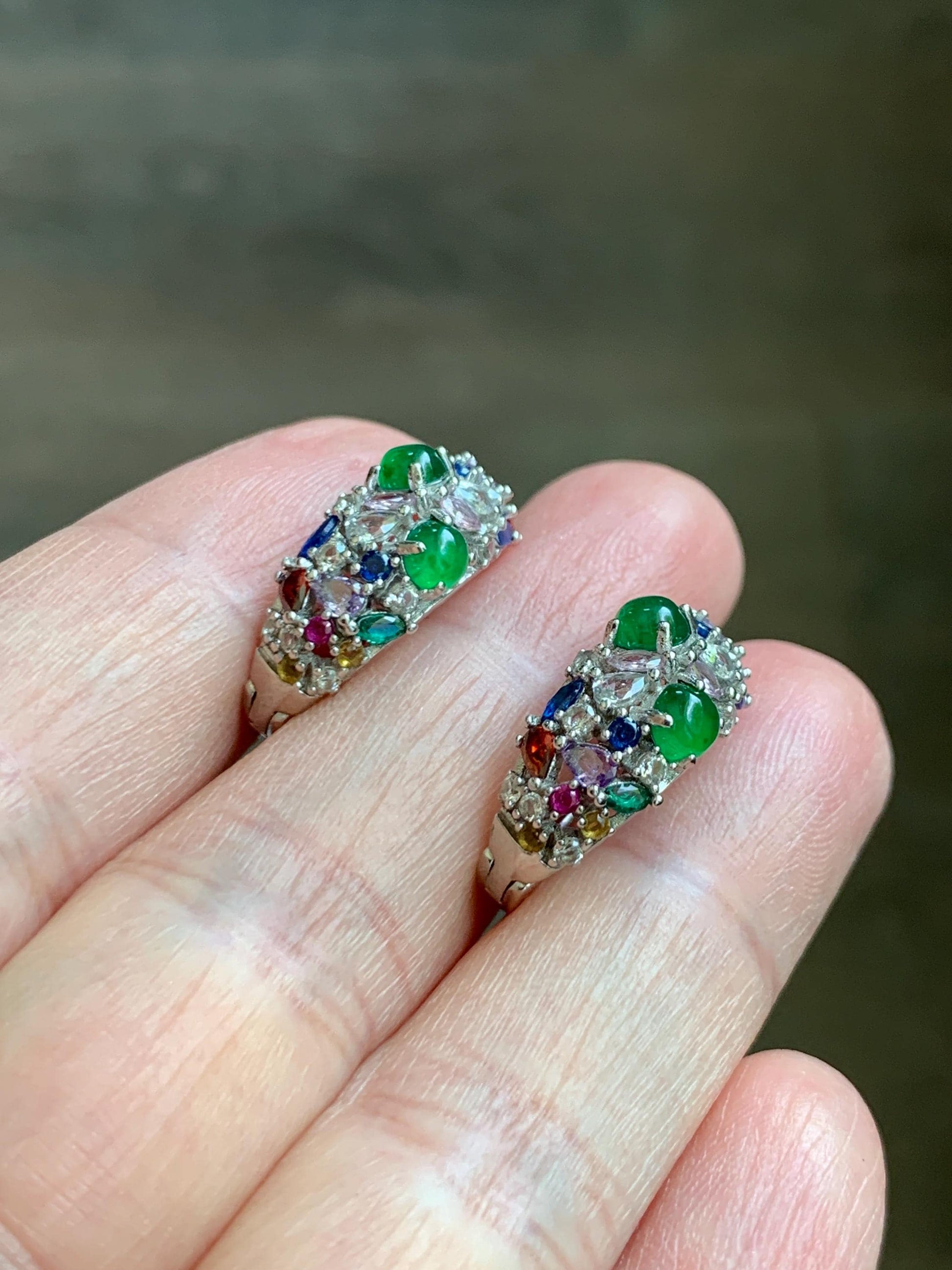 Natural Guatemalan Grade A Icy Highly Translucent Vibrant Green Jade Jadeite Hoop Huggie Earrings Sterling Silver 天然冰危绿起光翡翠多宝银镶耳包 WFH220