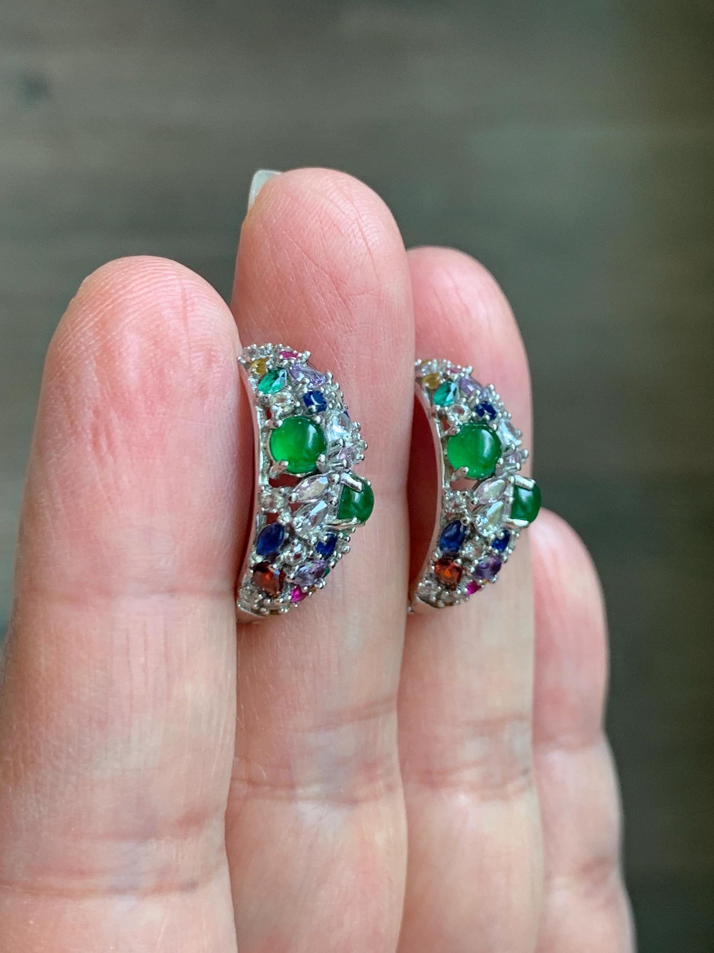 Natural Guatemalan Grade A Icy Highly Translucent Vibrant Green Jade Jadeite Hoop Huggie Earrings Sterling Silver 天然冰危绿起光翡翠多宝银镶耳包 WFH220