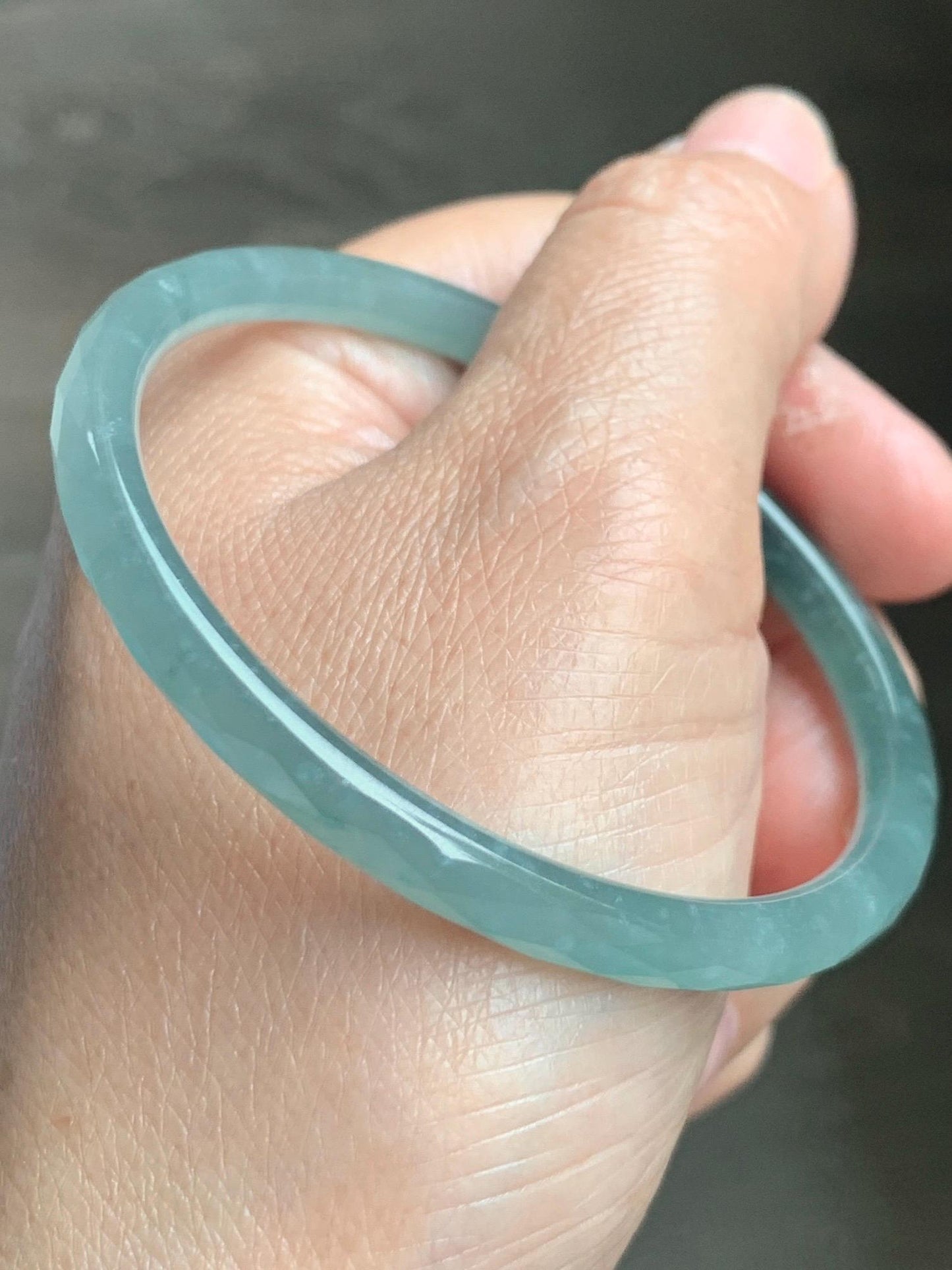 Certified Natural Grade A Guatemalan Icy Translucent Light Teal Jade Jadeite Diamond Faceted Bangle 55mm 6.8” 18g 天然冰危蓝绿翡翠细圆条切割面手镯 187