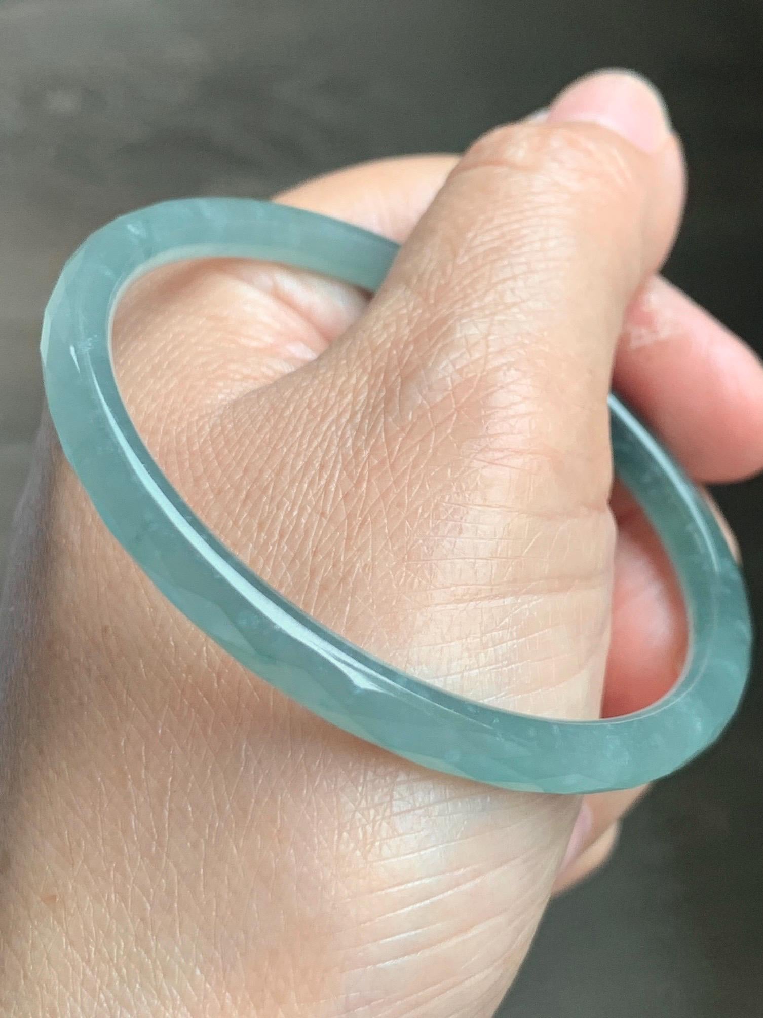Certified Natural Grade A Guatemalan Icy Translucent Light Teal Jade Jadeite Diamond Faceted Bangle 55mm 6.8” 18g 天然冰危蓝绿翡翠细圆条切割面手镯 187