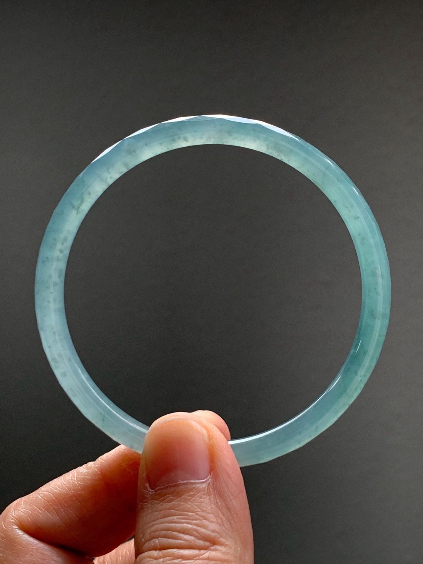 Certified Natural Grade A Guatemalan Icy Translucent Light Teal Jade Jadeite Diamond Faceted Bangle 55mm 6.8” 18g 天然冰危蓝绿翡翠细圆条切割面手镯 187