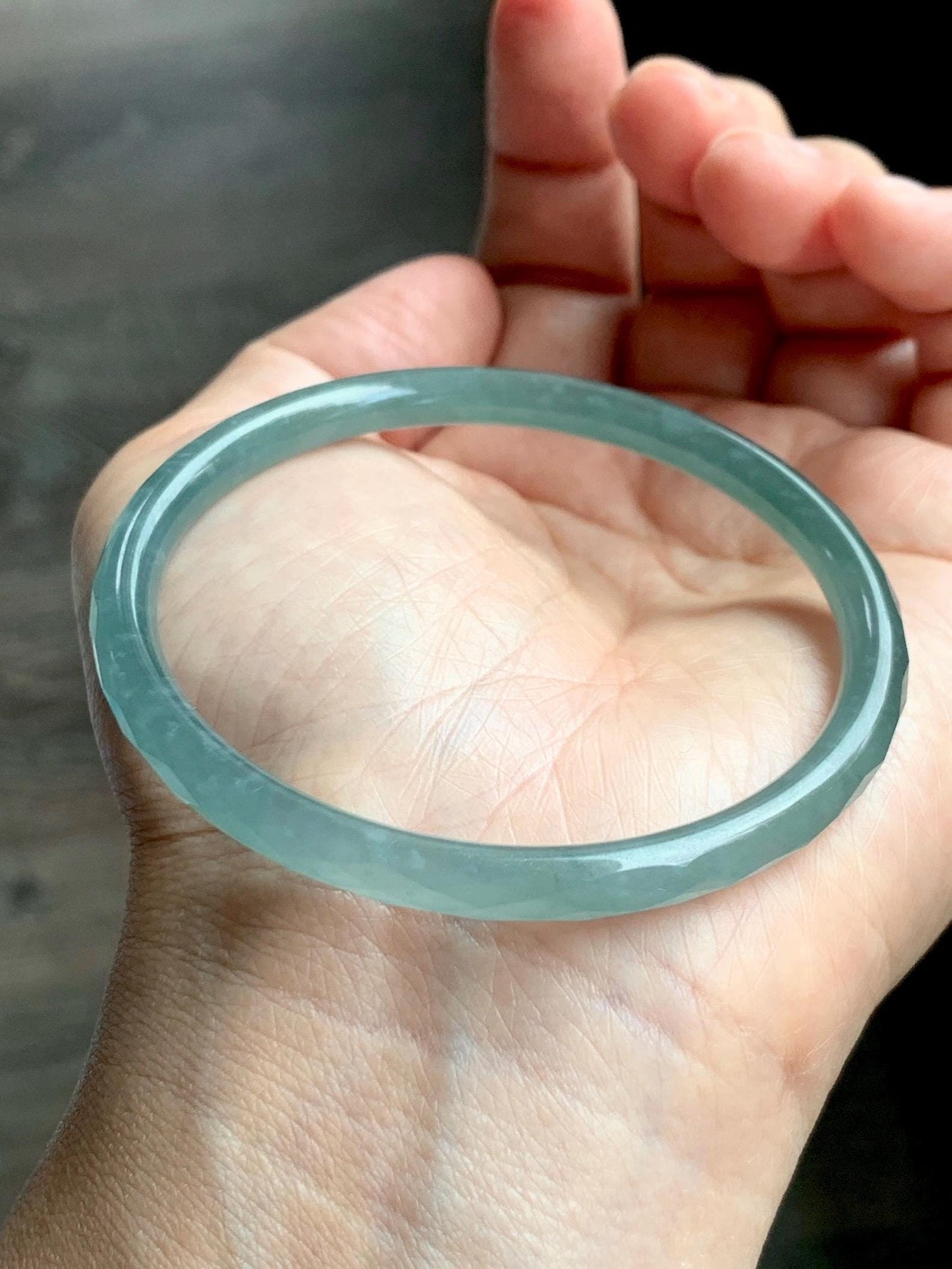 Certified Natural Grade A Guatemalan Icy Translucent Light Teal Jade Jadeite Diamond Faceted Bangle 55mm 6.8” 18g 天然冰危蓝绿翡翠细圆条切割面手镯 187