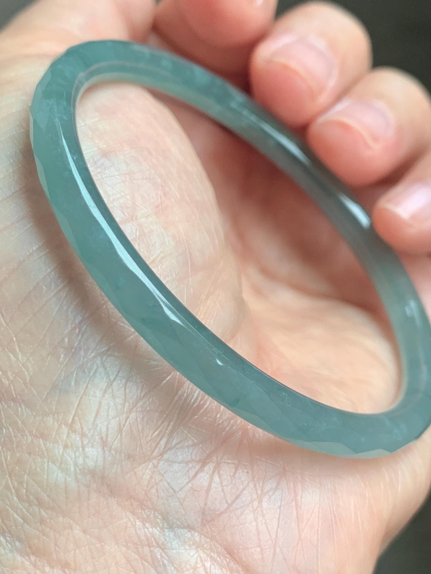 Certified Natural Grade A Guatemalan Icy Translucent Light Teal Jade Jadeite Diamond Faceted Bangle 55mm 6.8” 18g 天然冰危蓝绿翡翠细圆条切割面手镯 187