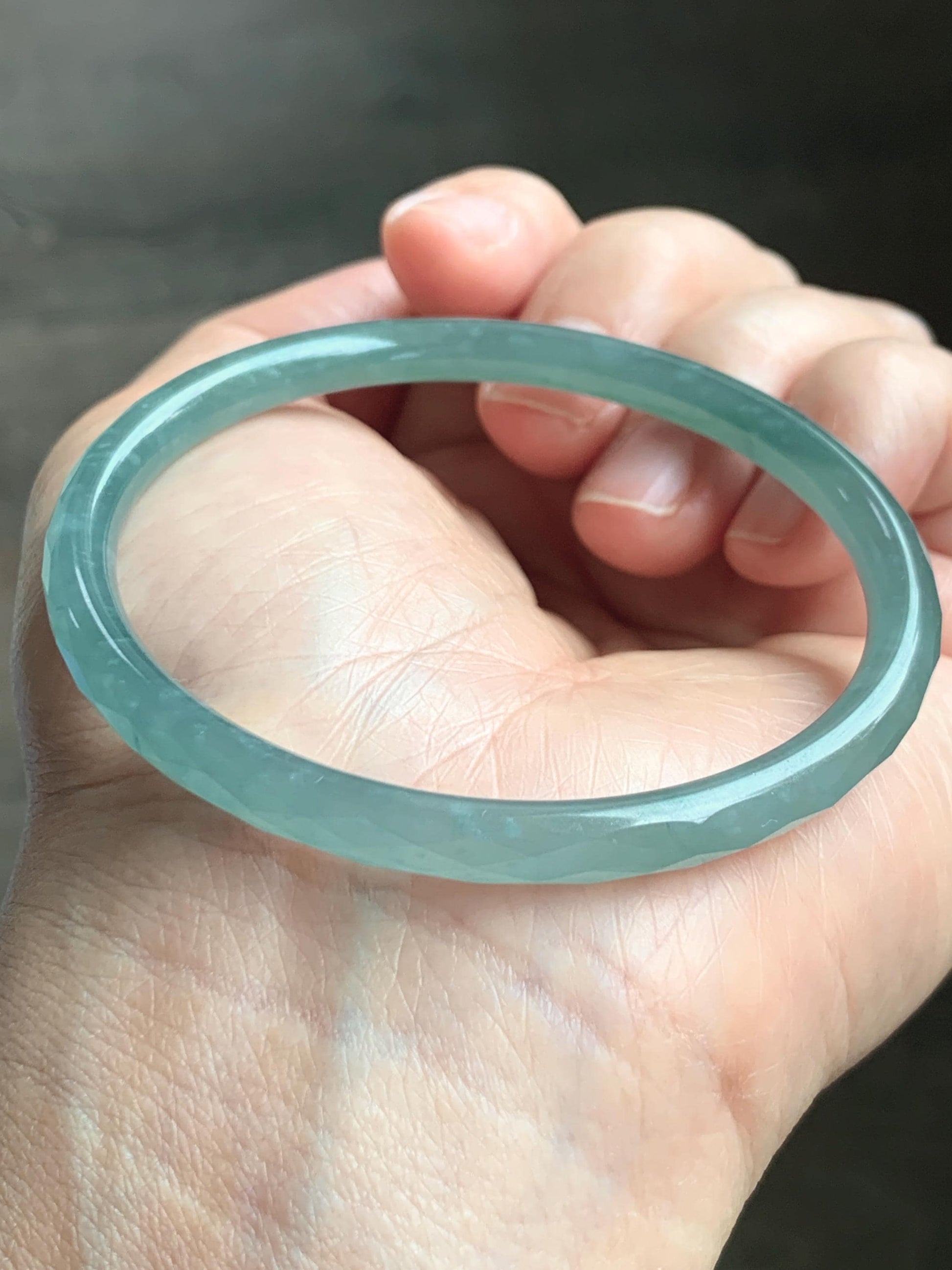 Certified Natural Grade A Guatemalan Icy Translucent Light Teal Jade Jadeite Diamond Faceted Bangle 55mm 6.8” 18g 天然冰危蓝绿翡翠细圆条切割面手镯 187