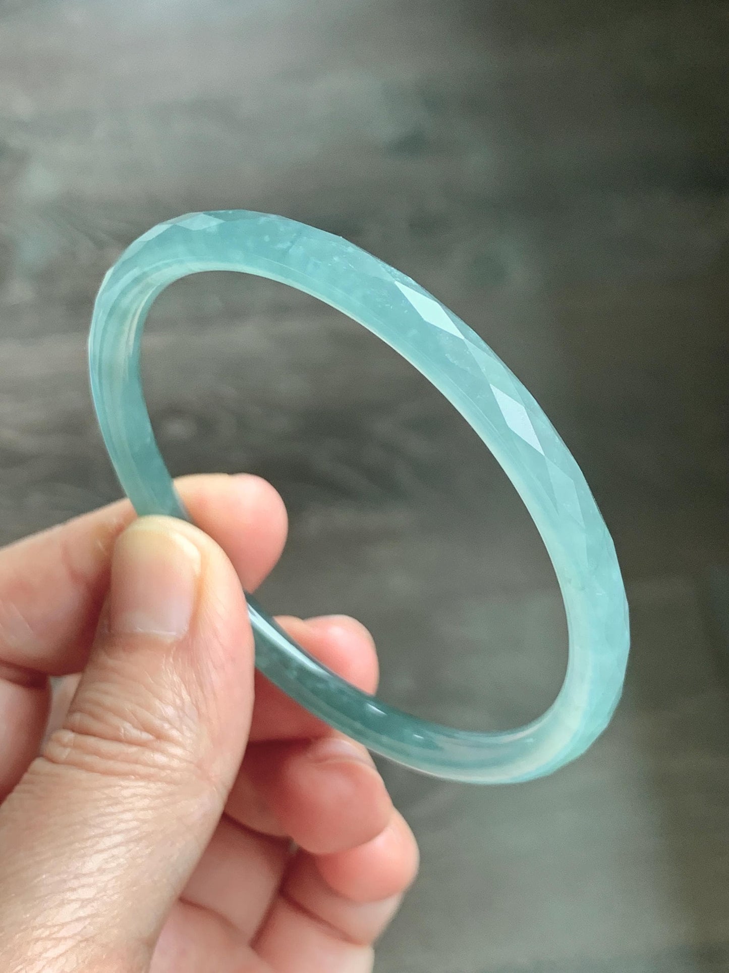 Certified Natural Grade A Guatemalan Icy Translucent Light Teal Jade Jadeite Diamond Faceted Bangle 55mm 6.8” 18g 天然冰危蓝绿翡翠细圆条切割面手镯 187