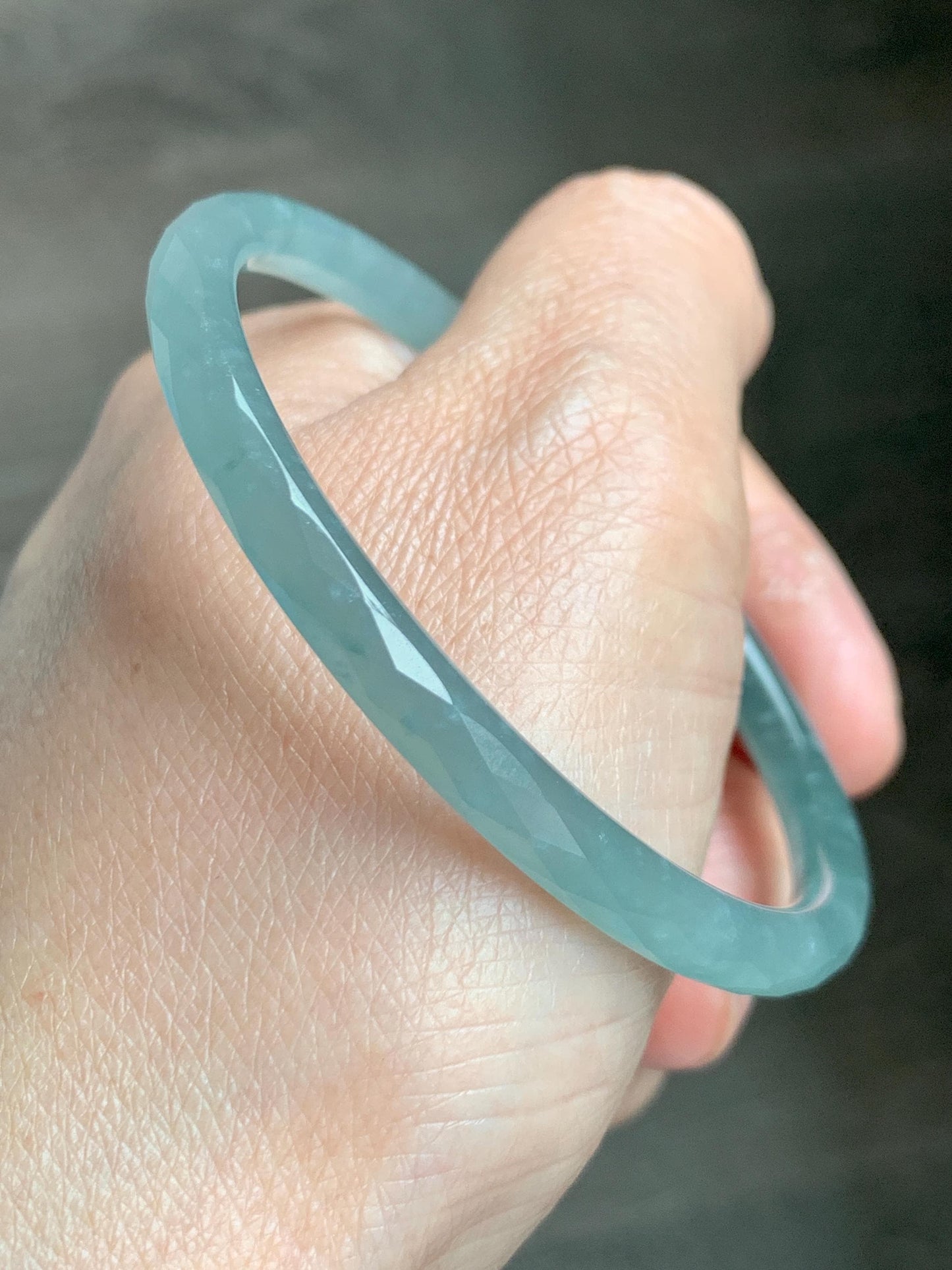 Certified Natural Grade A Guatemalan Icy Translucent Light Teal Jade Jadeite Diamond Faceted Bangle 55mm 6.8” 18g 天然冰危蓝绿翡翠细圆条切割面手镯 187