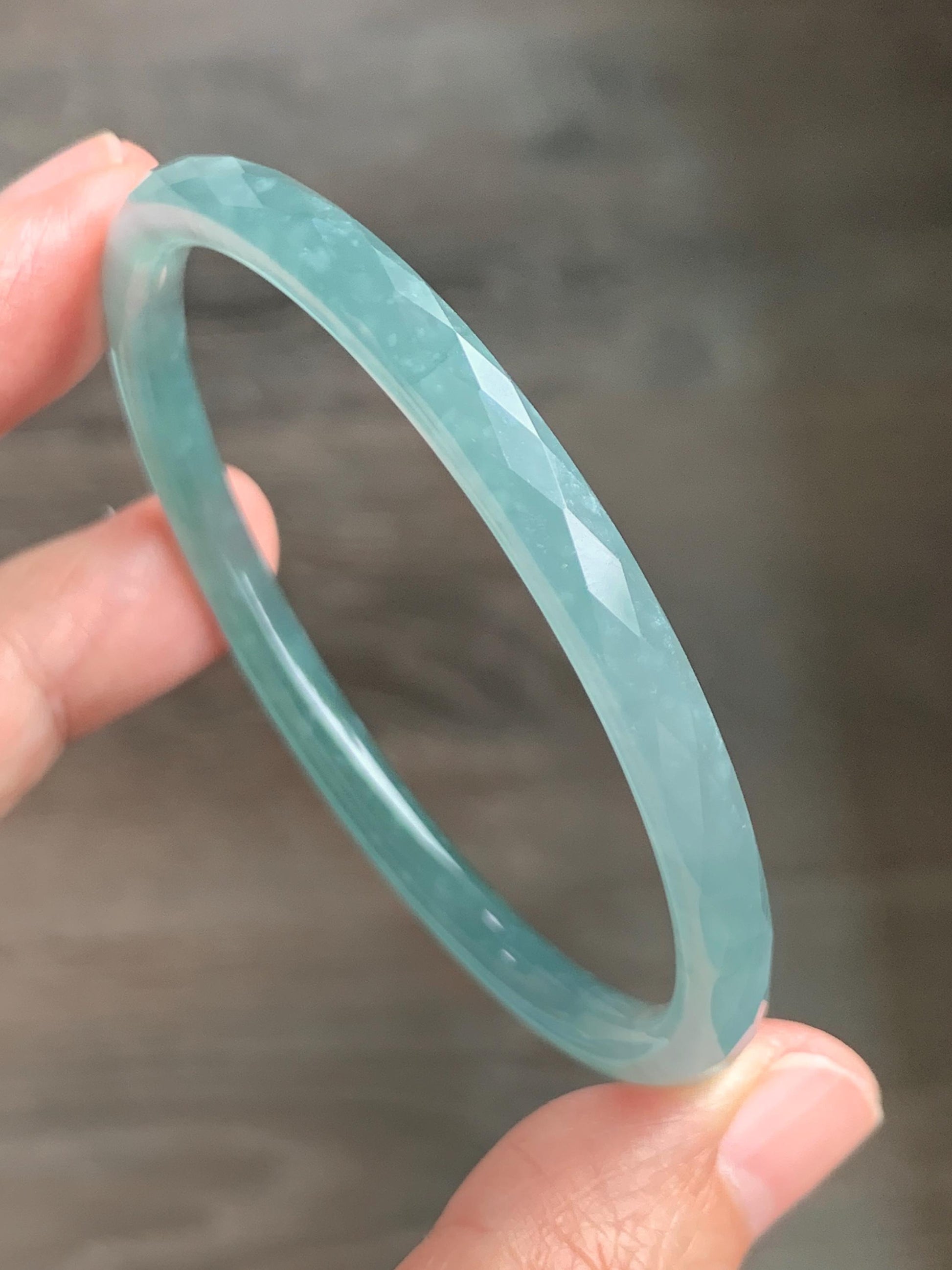 Certified Natural Grade A Guatemalan Icy Translucent Light Teal Jade Jadeite Diamond Faceted Bangle 55mm 6.8” 18g 天然冰危蓝绿翡翠细圆条切割面手镯 187