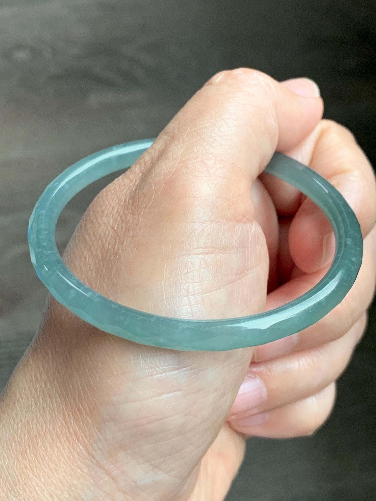 Certified Natural Grade A Guatemalan Icy Translucent Light Teal Jade Jadeite Diamond Faceted Bangle 55mm 6.8” 18g 天然冰危蓝绿翡翠细圆条切割面手镯 187