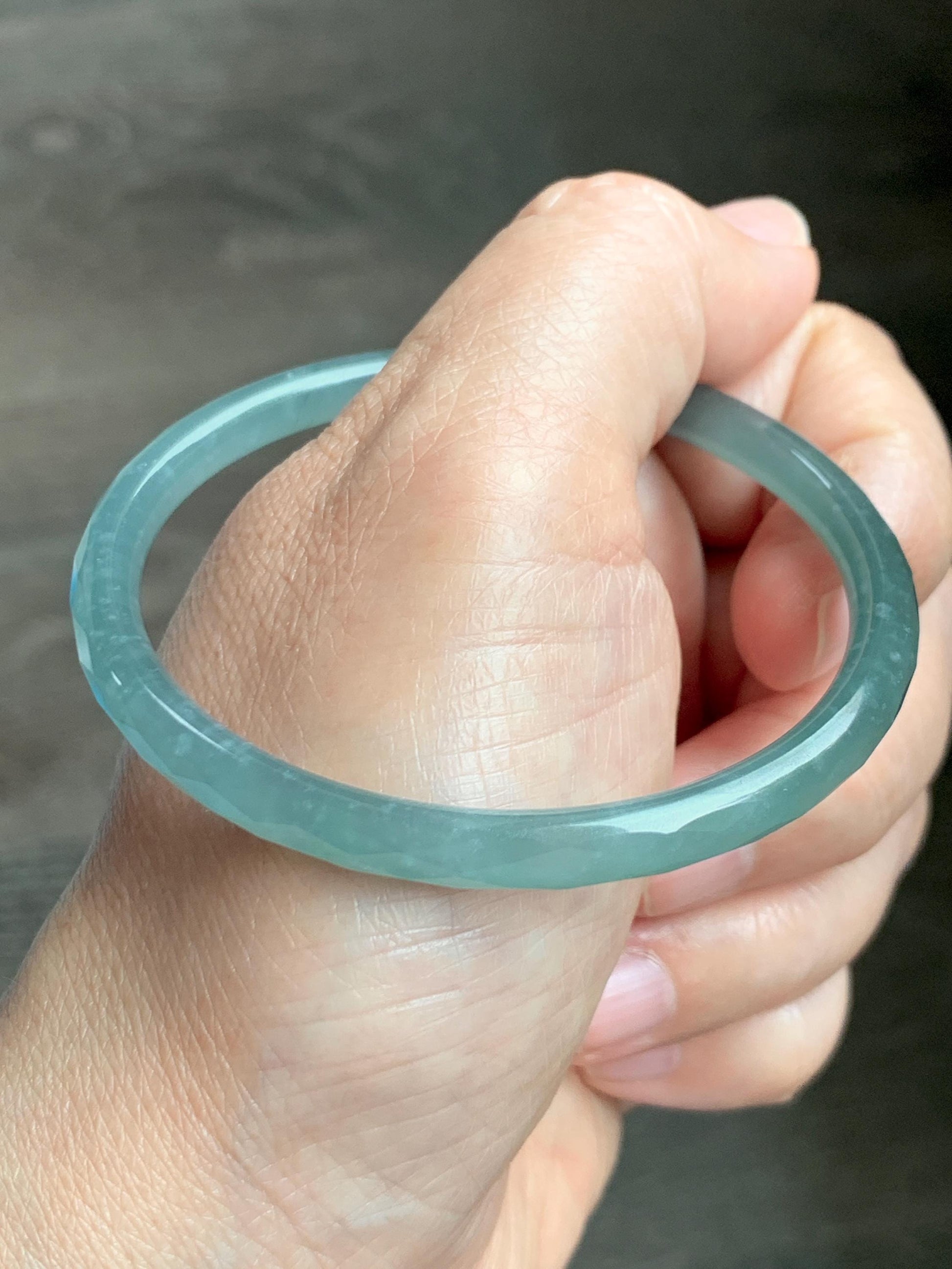 Certified Natural Grade A Guatemalan Icy Translucent Light Teal Jade Jadeite Diamond Faceted Bangle 55mm 6.8” 18g 天然冰危蓝绿翡翠细圆条切割面手镯 187