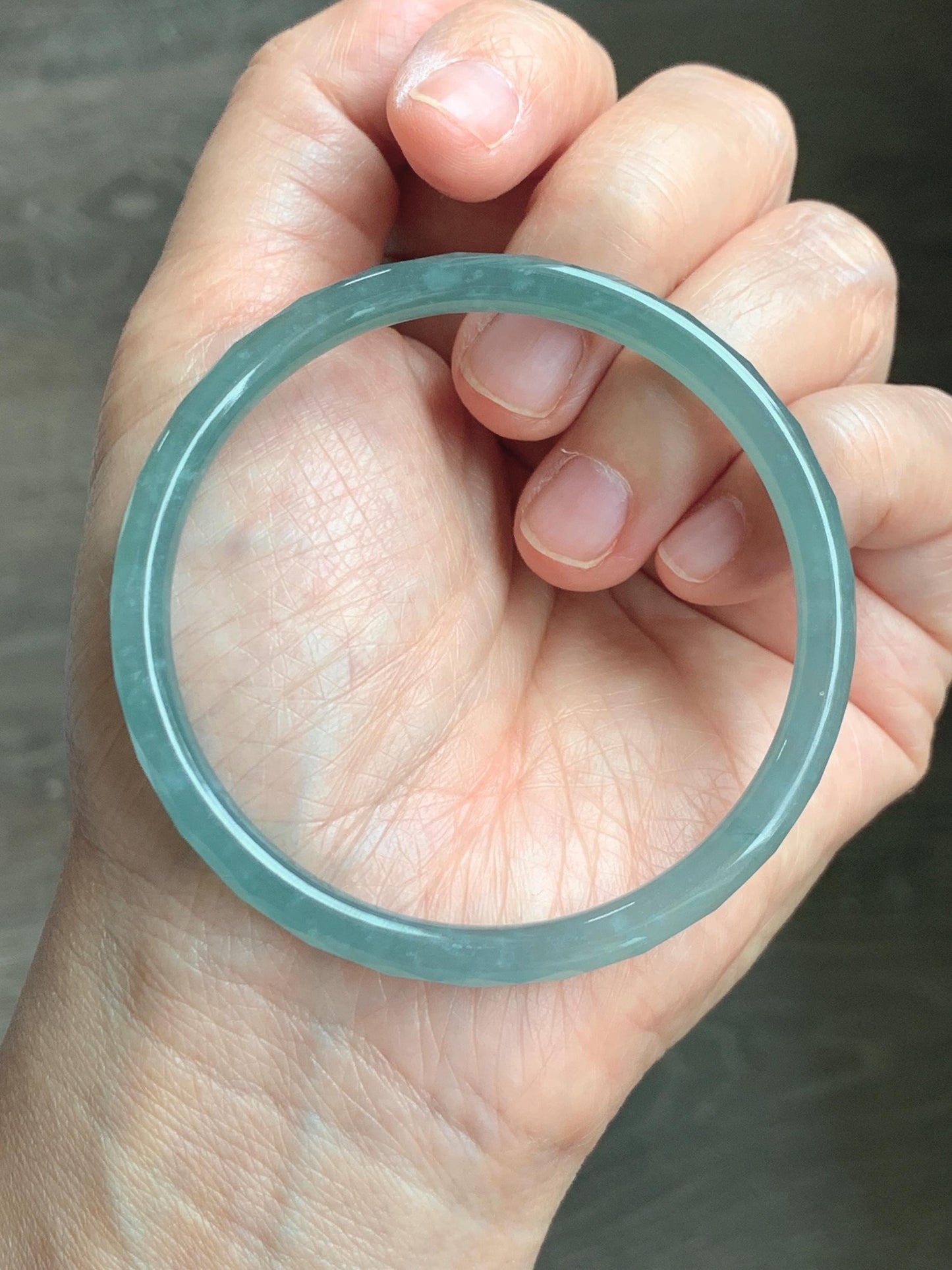 Certified Natural Grade A Guatemalan Icy Translucent Light Teal Jade Jadeite Diamond Faceted Bangle 55mm 6.8” 18g 天然冰危蓝绿翡翠细圆条切割面手镯 187