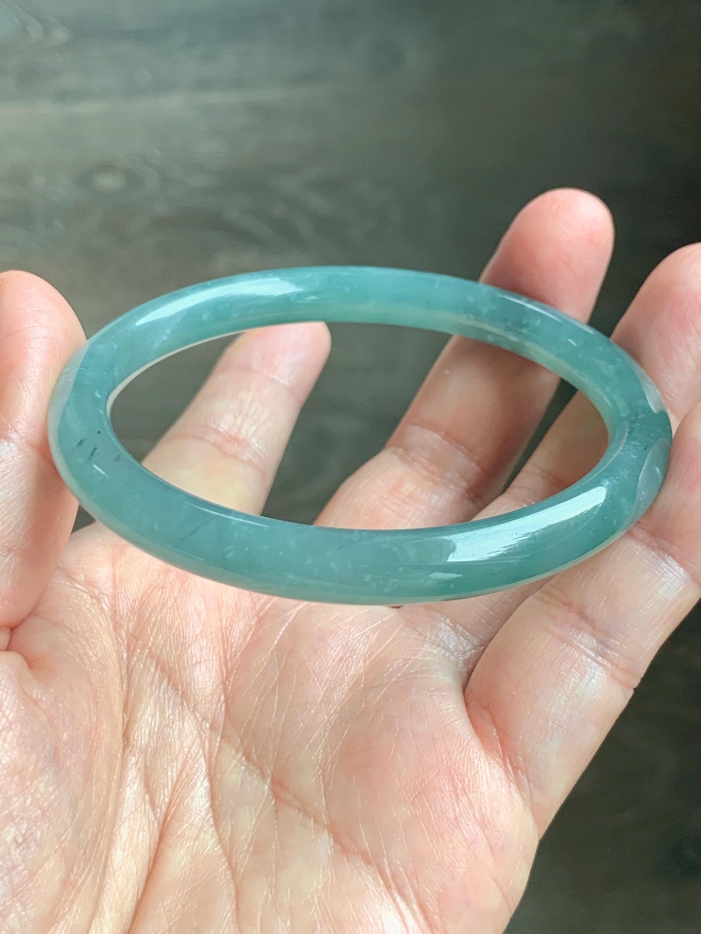 Certified Natural Grade A Guatemalan Icy Translucent Dusty Teal Green Jade Jadeite Bangle Bracelet 59mm 7.32” 31g 天然冰危蓝绿圆条翡翠手镯 210
