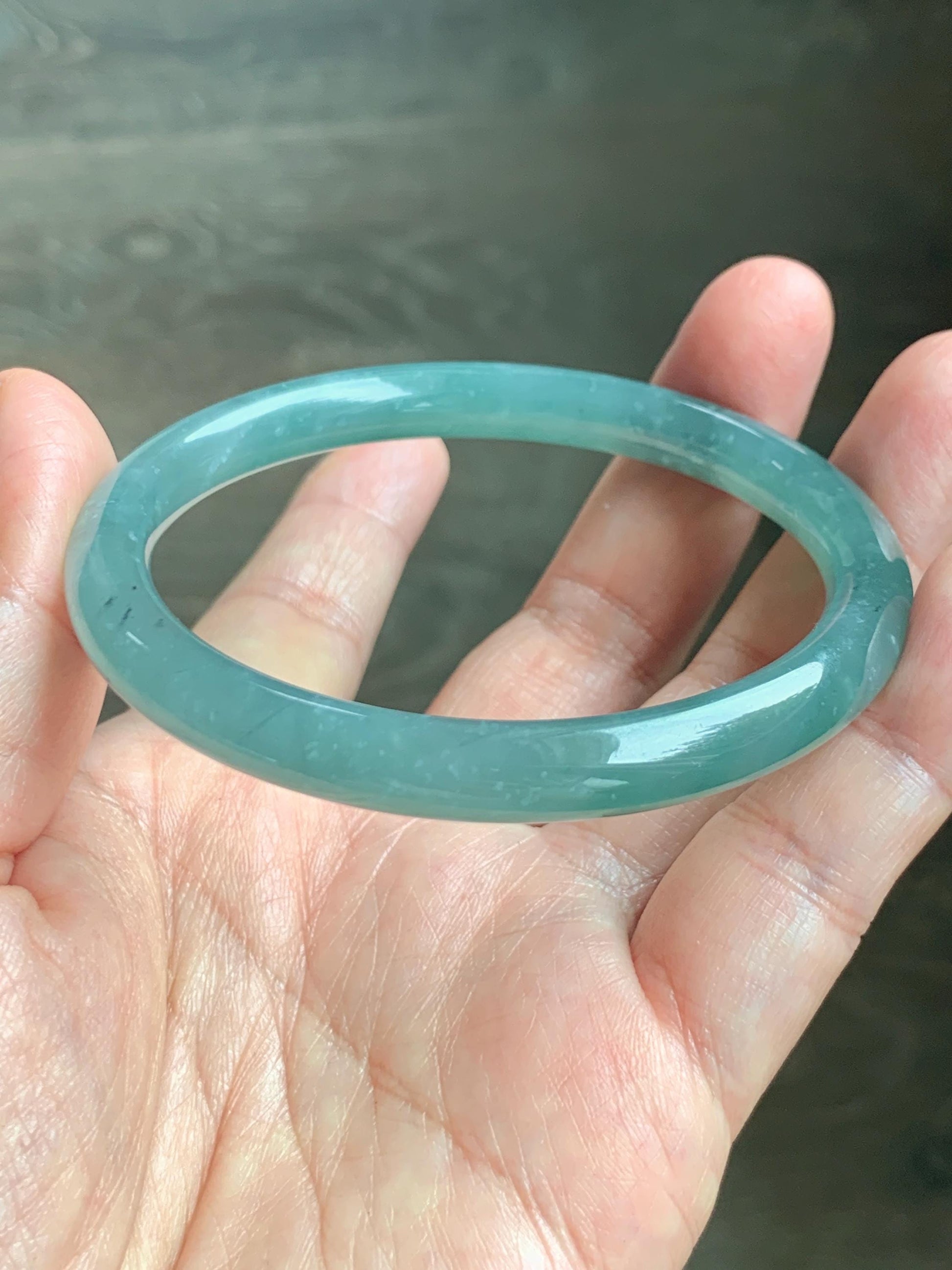 Certified Natural Grade A Guatemalan Icy Translucent Dusty Teal Green Jade Jadeite Bangle Bracelet 59mm 7.32” 31g 天然冰危蓝绿圆条翡翠手镯 210