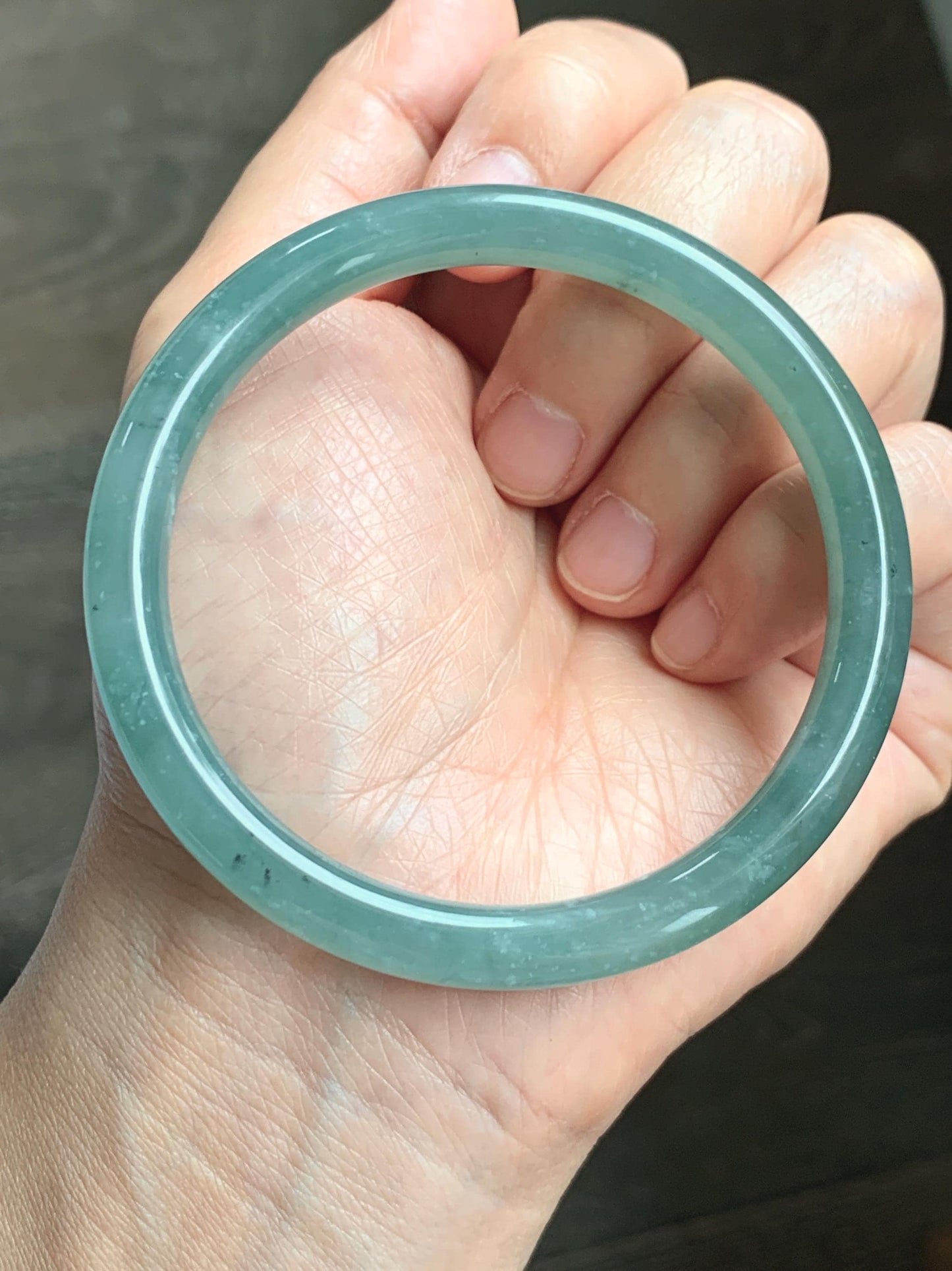 Certified Natural Grade A Guatemalan Icy Translucent Dusty Teal Green Jade Jadeite Bangle Bracelet 59mm 7.32” 31g 天然冰危蓝绿圆条翡翠手镯 210