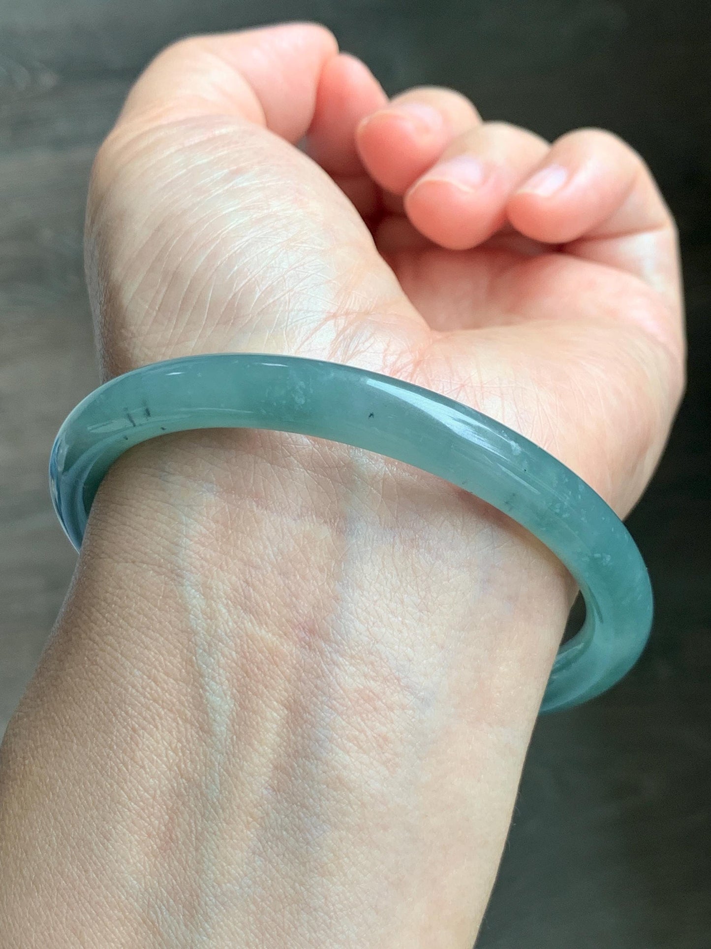 Certified Natural Grade A Guatemalan Icy Translucent Dusty Teal Green Jade Jadeite Bangle Bracelet 59mm 7.32” 31g 天然冰危蓝绿圆条翡翠手镯 210