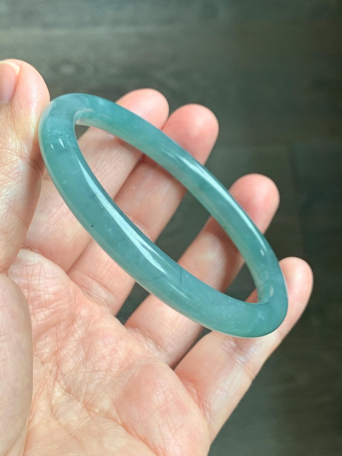 Certified Natural Grade A Guatemalan Icy Translucent Dusty Teal Green Jade Jadeite Bangle Bracelet 59mm 7.32” 31g 天然冰危蓝绿圆条翡翠手镯 210