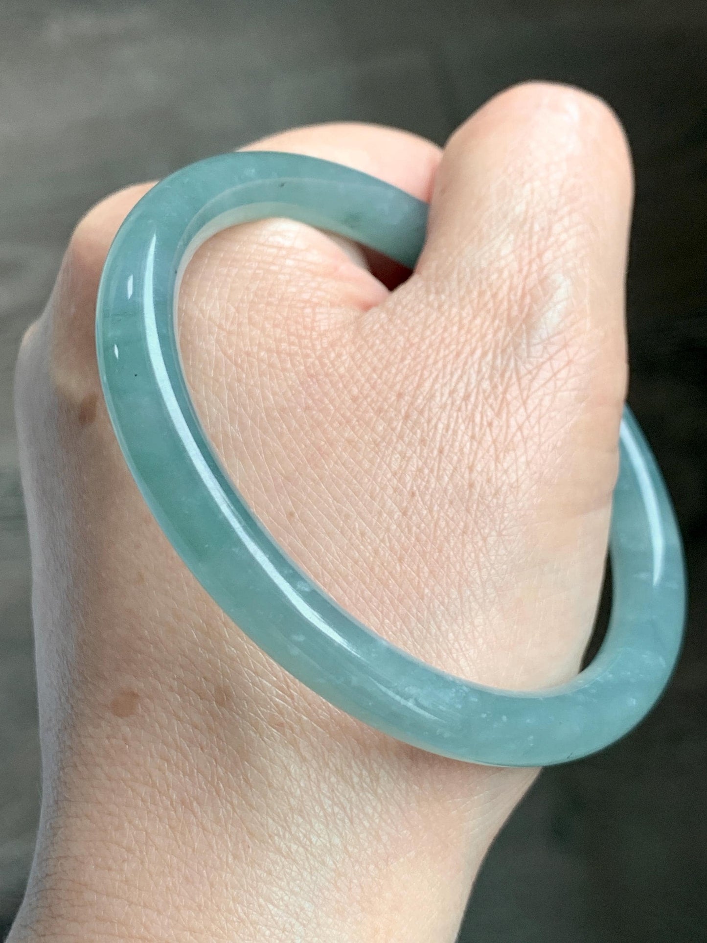 Certified Natural Grade A Guatemalan Icy Translucent Dusty Teal Green Jade Jadeite Bangle Bracelet 59mm 7.32” 31g 天然冰危蓝绿圆条翡翠手镯 210
