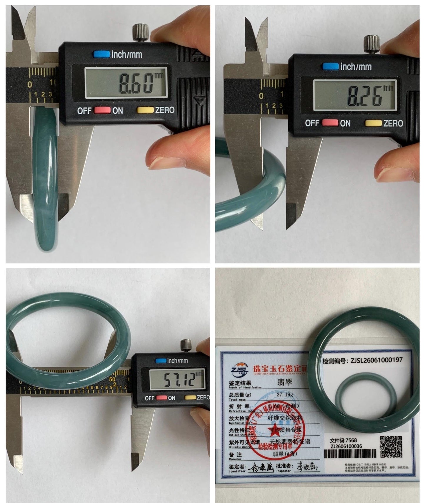 Certified Natural Grade A Guatemalan Icy Translucent Dusty Teal Blue Jade Jadeite Bangle Bracelet 57.12 mm 7” 37g 天然冰危蓝绿翡翠圆条手镯 197