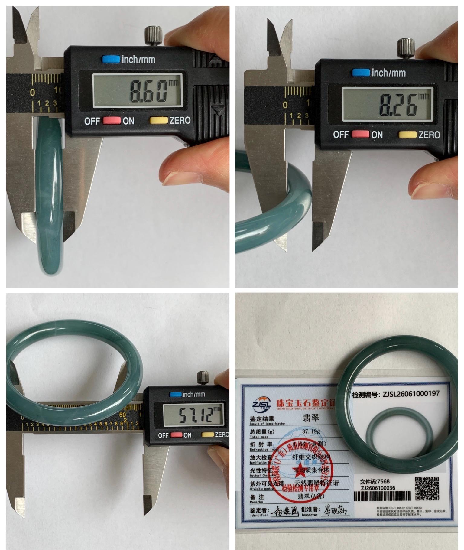 Certified Natural Grade A Guatemalan Icy Translucent Dusty Teal Blue Jade Jadeite Bangle Bracelet 57.12 mm 7” 37g 天然冰危蓝绿翡翠圆条手镯 197