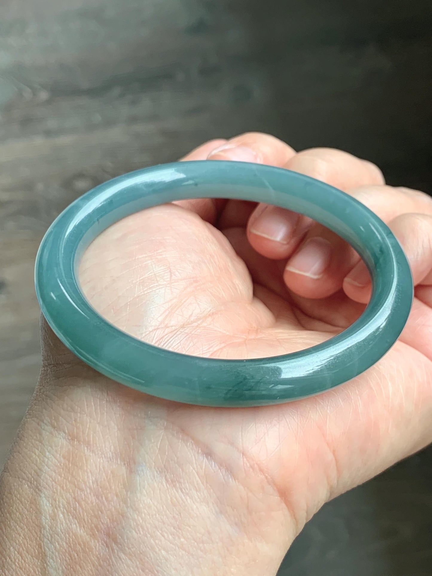 Certified Natural Grade A Guatemalan Icy Translucent Dusty Teal Blue Jade Jadeite Bangle Bracelet 57.12 mm 7” 37g 天然冰危蓝绿翡翠圆条手镯 197