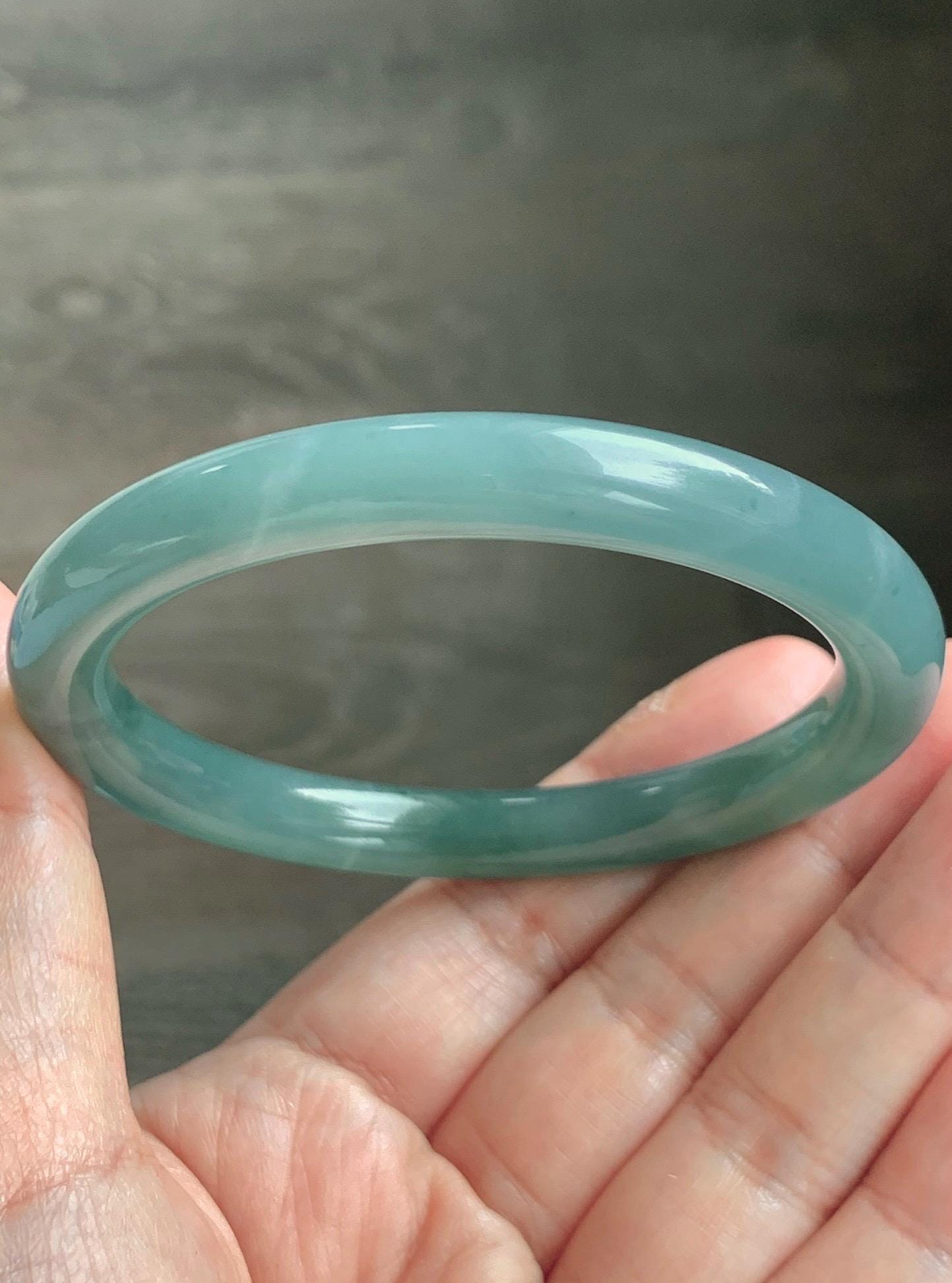 Certified Natural Grade A Guatemalan Icy Translucent Dusty Teal Blue Jade Jadeite Bangle Bracelet 57.12 mm 7” 37g 天然冰危蓝绿翡翠圆条手镯 197
