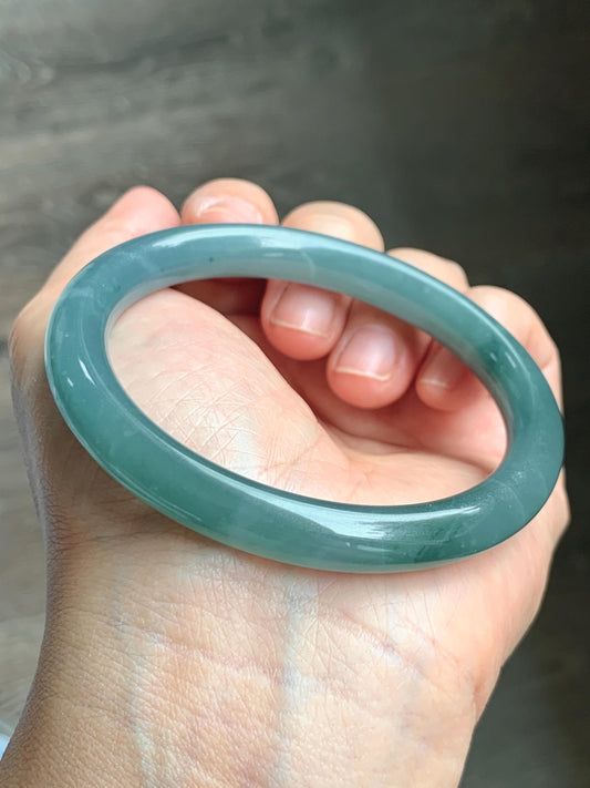 Certified Natural Grade A Guatemalan Icy Translucent Dusty Teal Blue Jade Jadeite Bangle Bracelet 57.12 mm 7” 37g 天然冰危蓝绿翡翠圆条手镯 197