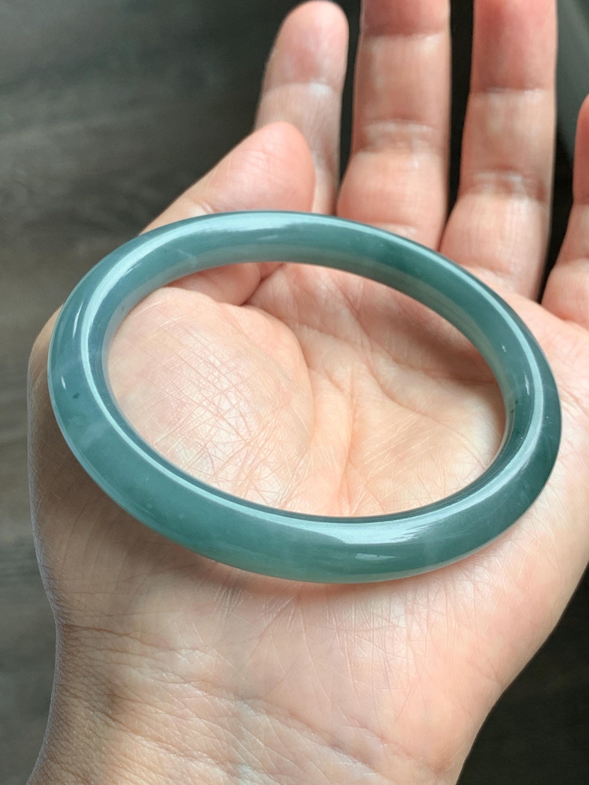 Certified Natural Grade A Guatemalan Icy Translucent Dusty Teal Blue Jade Jadeite Bangle Bracelet 57.12 mm 7” 37g 天然冰危蓝绿翡翠圆条手镯 197