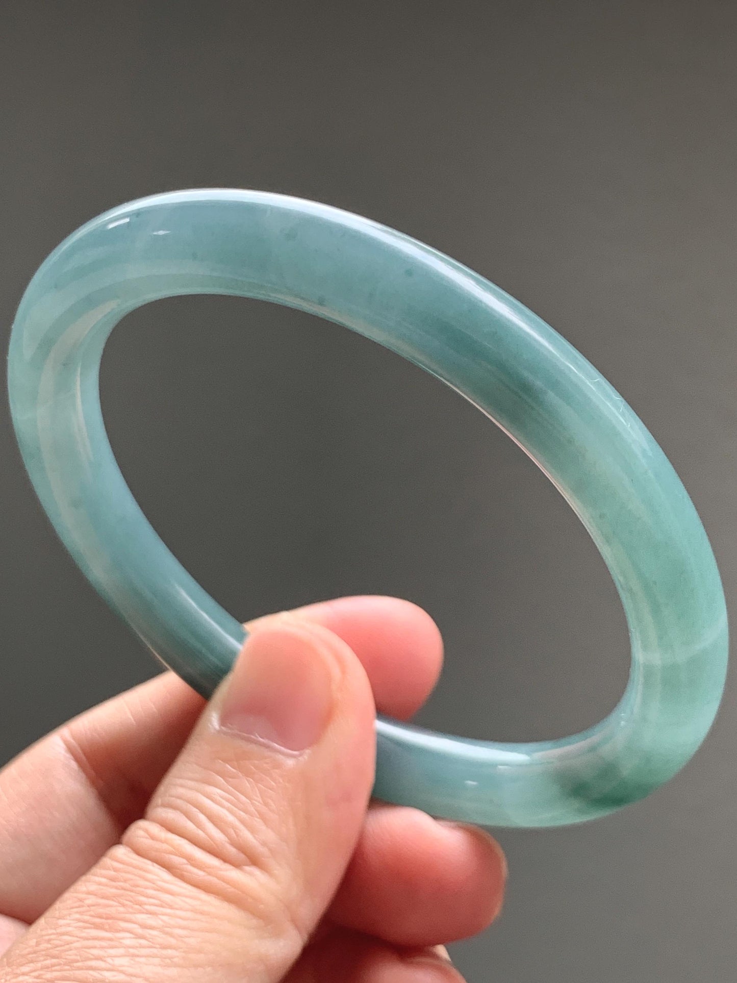 Certified Natural Grade A Guatemalan Icy Translucent Dusty Teal Blue Jade Jadeite Bangle Bracelet 57.12 mm 7” 37g 天然冰危蓝绿翡翠圆条手镯 197