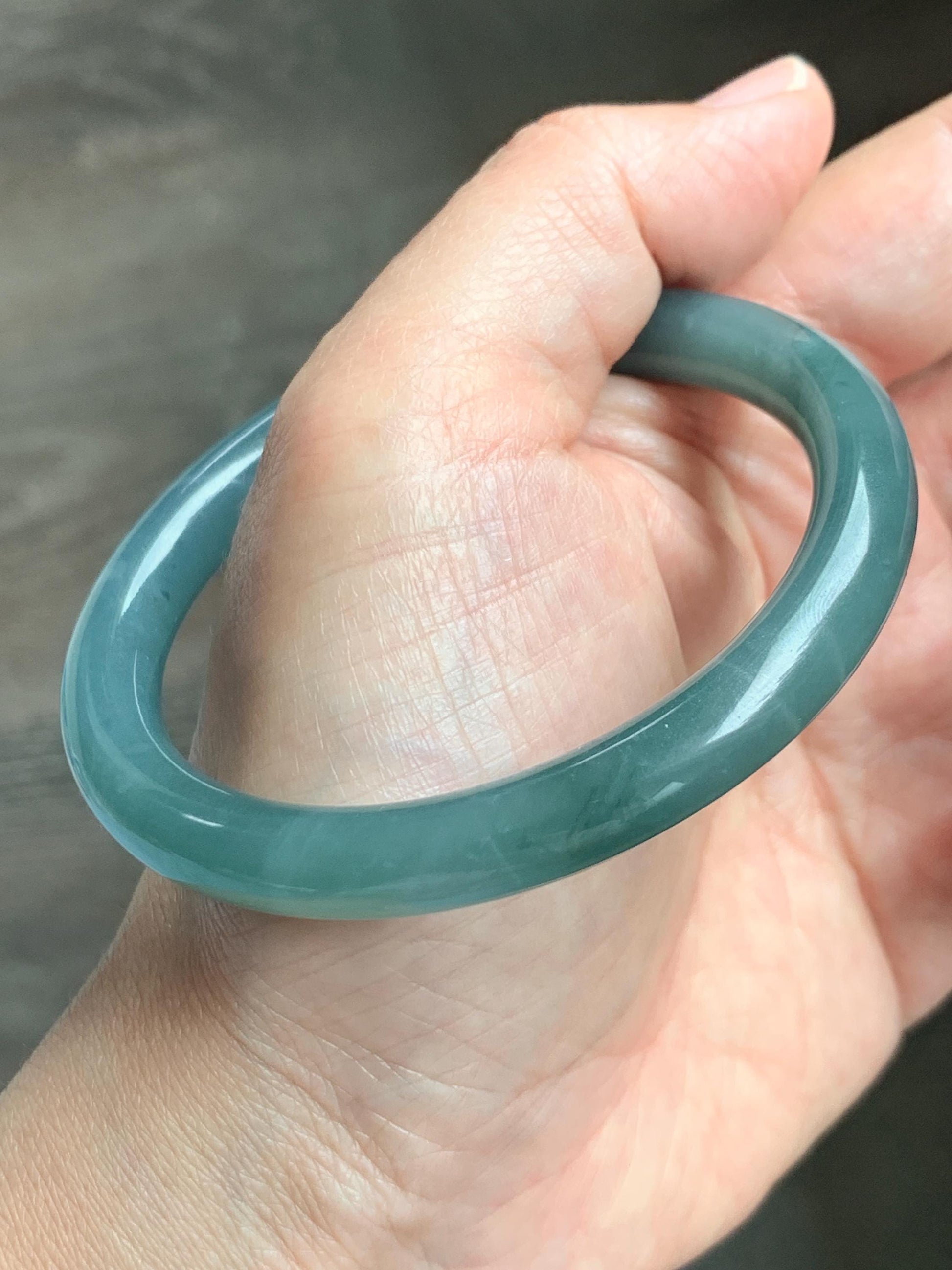 Certified Natural Grade A Guatemalan Icy Translucent Dusty Teal Blue Jade Jadeite Bangle Bracelet 57.12 mm 7” 37g 天然冰危蓝绿翡翠圆条手镯 197
