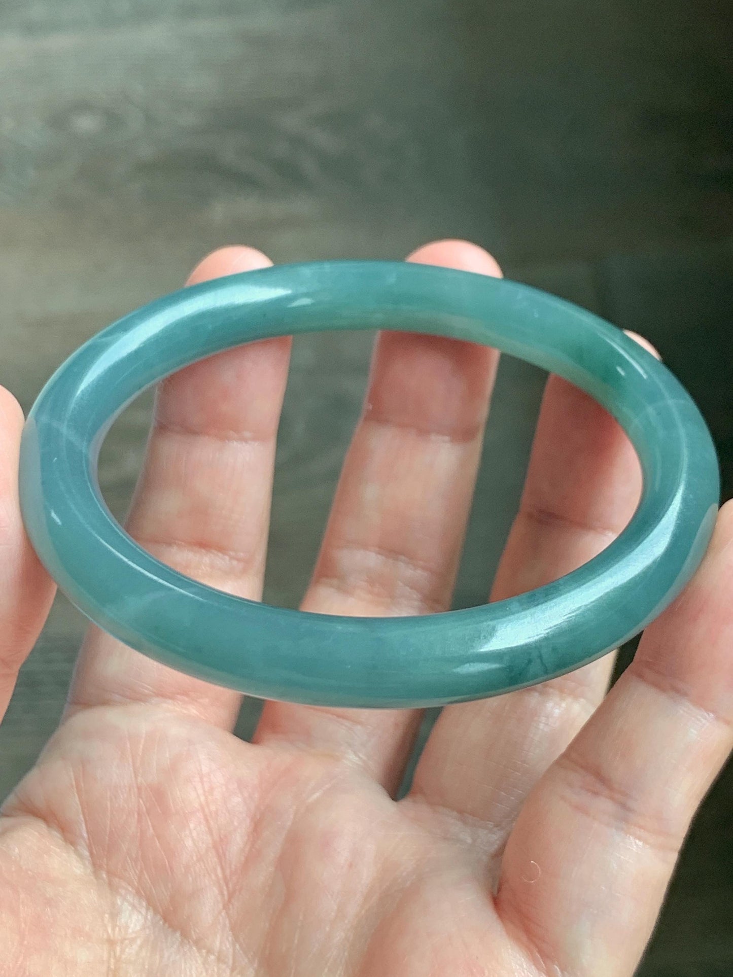 Certified Natural Grade A Guatemalan Icy Translucent Dusty Teal Blue Jade Jadeite Bangle Bracelet 57.12 mm 7” 37g 天然冰危蓝绿翡翠圆条手镯 197