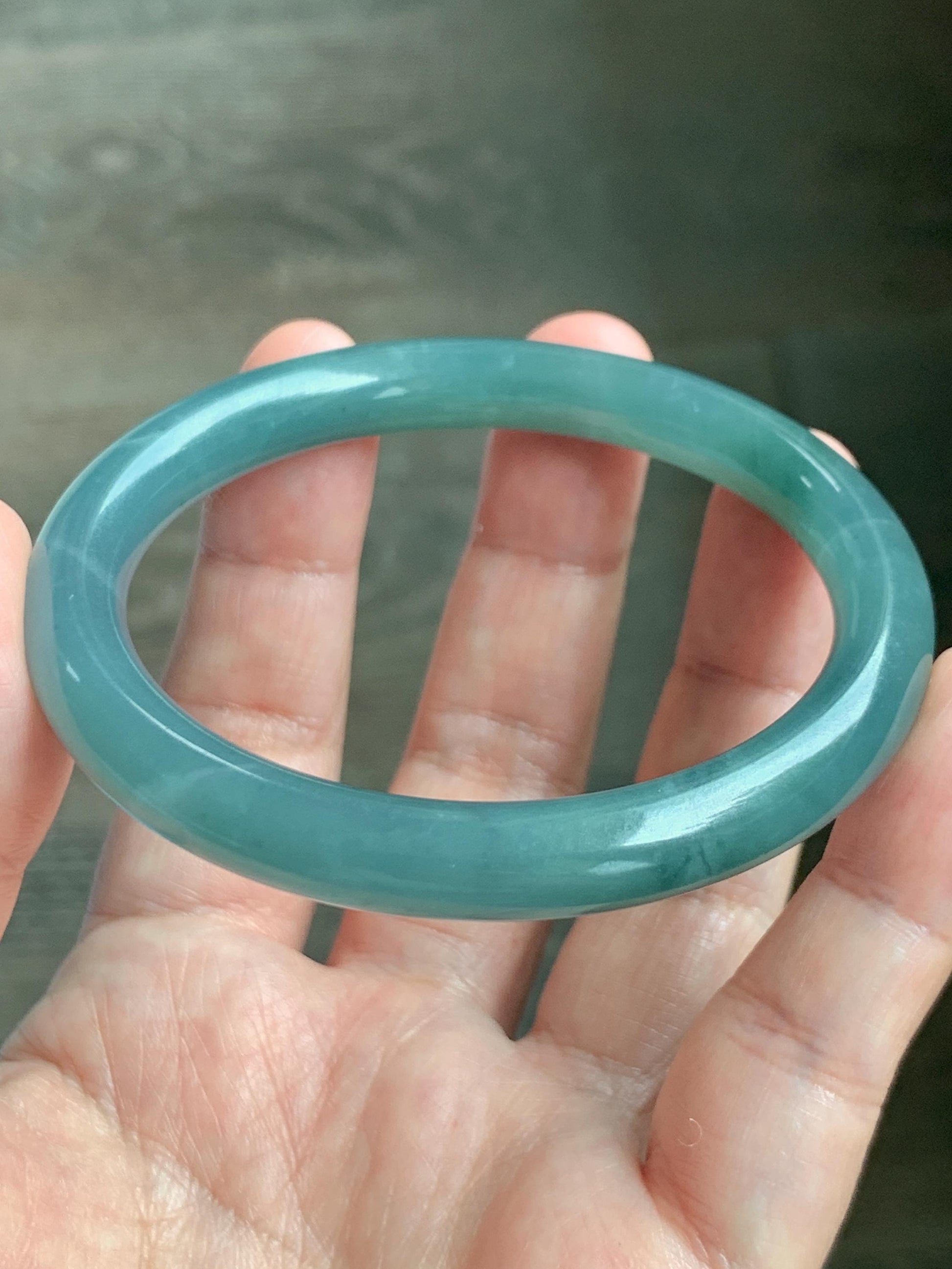 Certified Natural Grade A Guatemalan Icy Translucent Dusty Teal Blue Jade Jadeite Bangle Bracelet 57.12 mm 7” 37g 天然冰危蓝绿翡翠圆条手镯 197