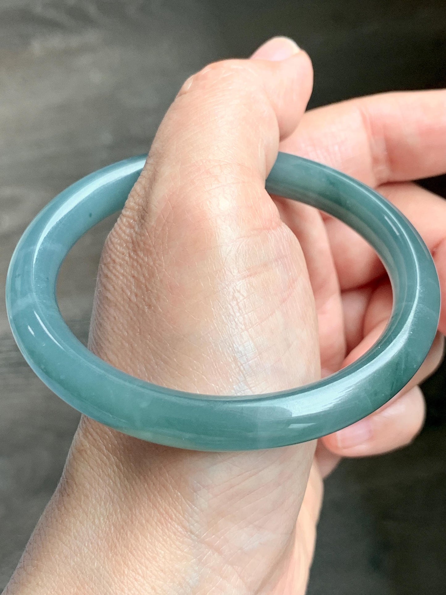 Certified Natural Grade A Guatemalan Icy Translucent Dusty Teal Blue Jade Jadeite Bangle Bracelet 57.12 mm 7” 37g 天然冰危蓝绿翡翠圆条手镯 197
