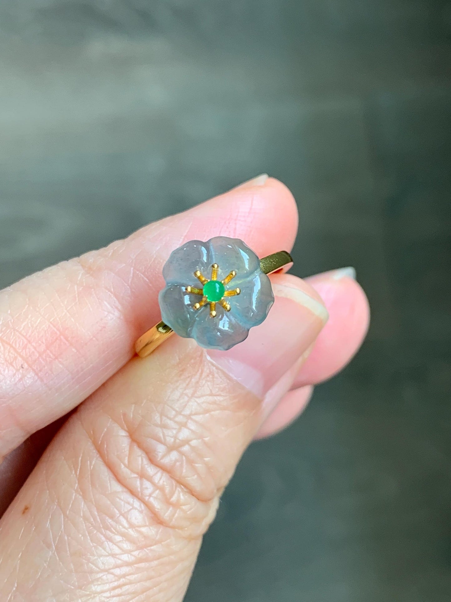 Natural Grade A Guatemalan Icy Translucent Light Blue Jade Jadeite Cherry Blossom Ring Sterling Silver Size Adjustable 天然冰危蓝翡翠梅花戒指 WQM120B