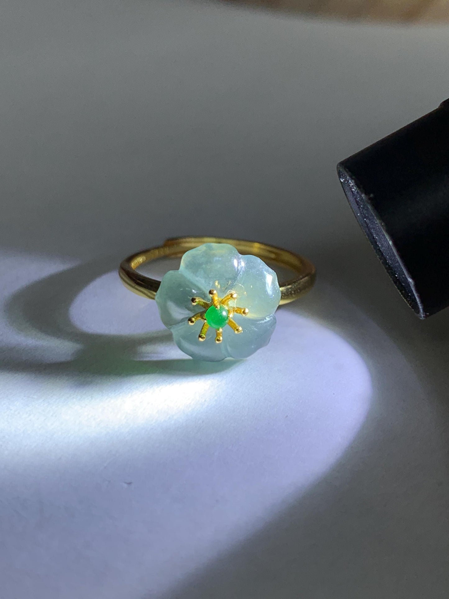 Natural Grade A Guatemalan Icy Translucent Light Blue Jade Jadeite Cherry Blossom Ring Sterling Silver Size Adjustable 天然冰危蓝翡翠梅花戒指 WQM120B